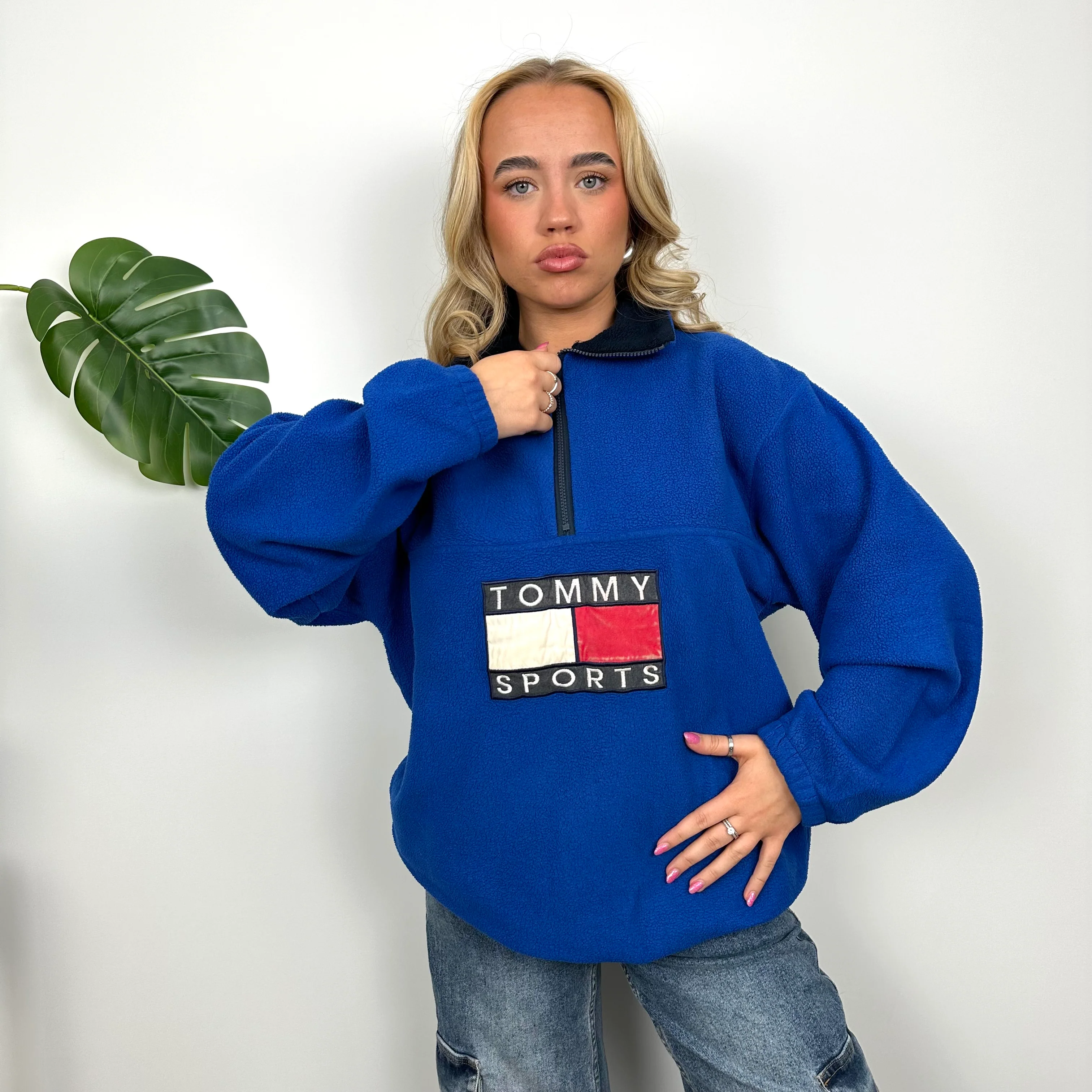 Tommy Hilfiger Blue Embroidered Spell Out Teddy Bear Fleece Quarter Zip Sweatshirt (L) - Image 3