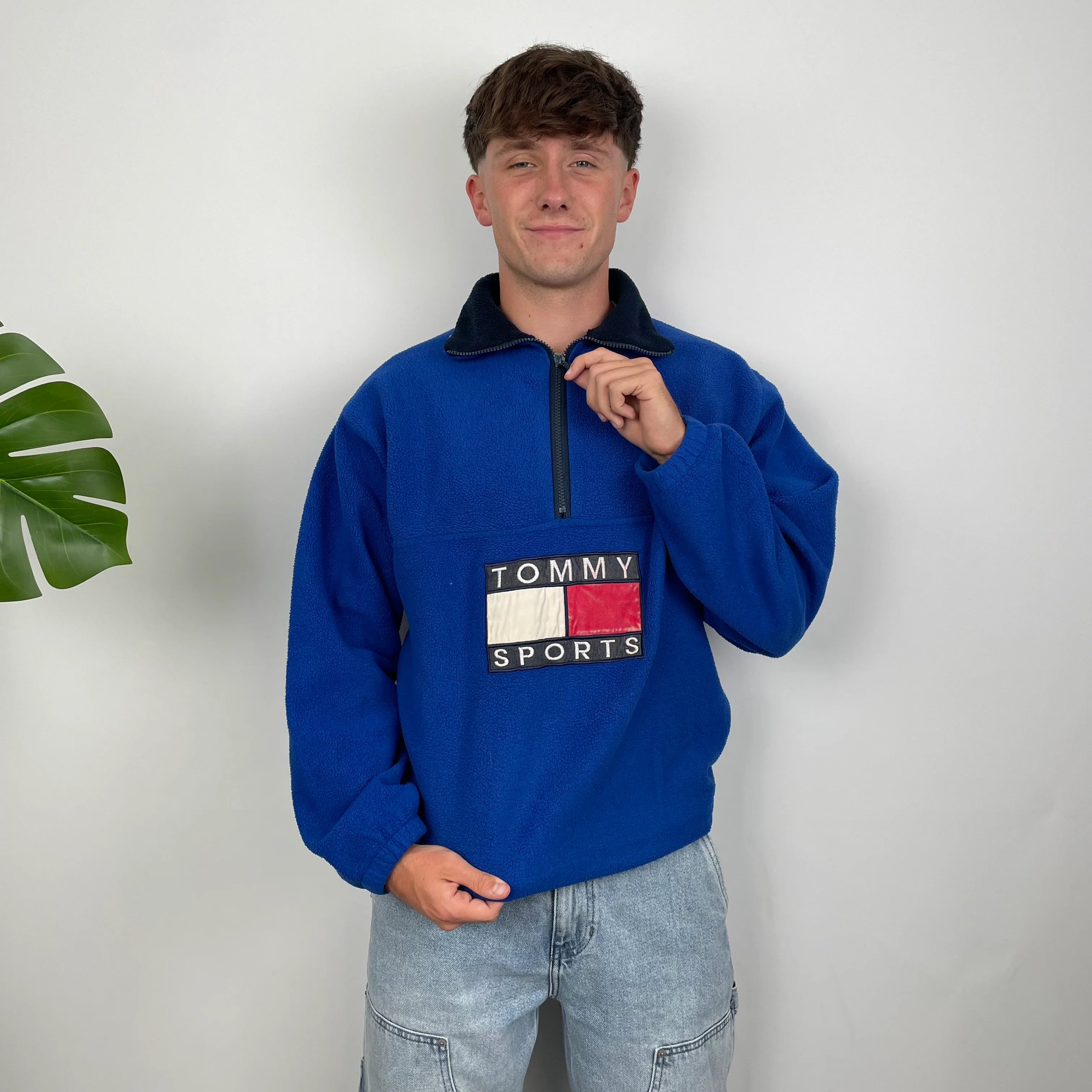 Tommy Hilfiger Blue Embroidered Spell Out Teddy Bear Fleece Quarter Zip Sweatshirt (L) - Image 2