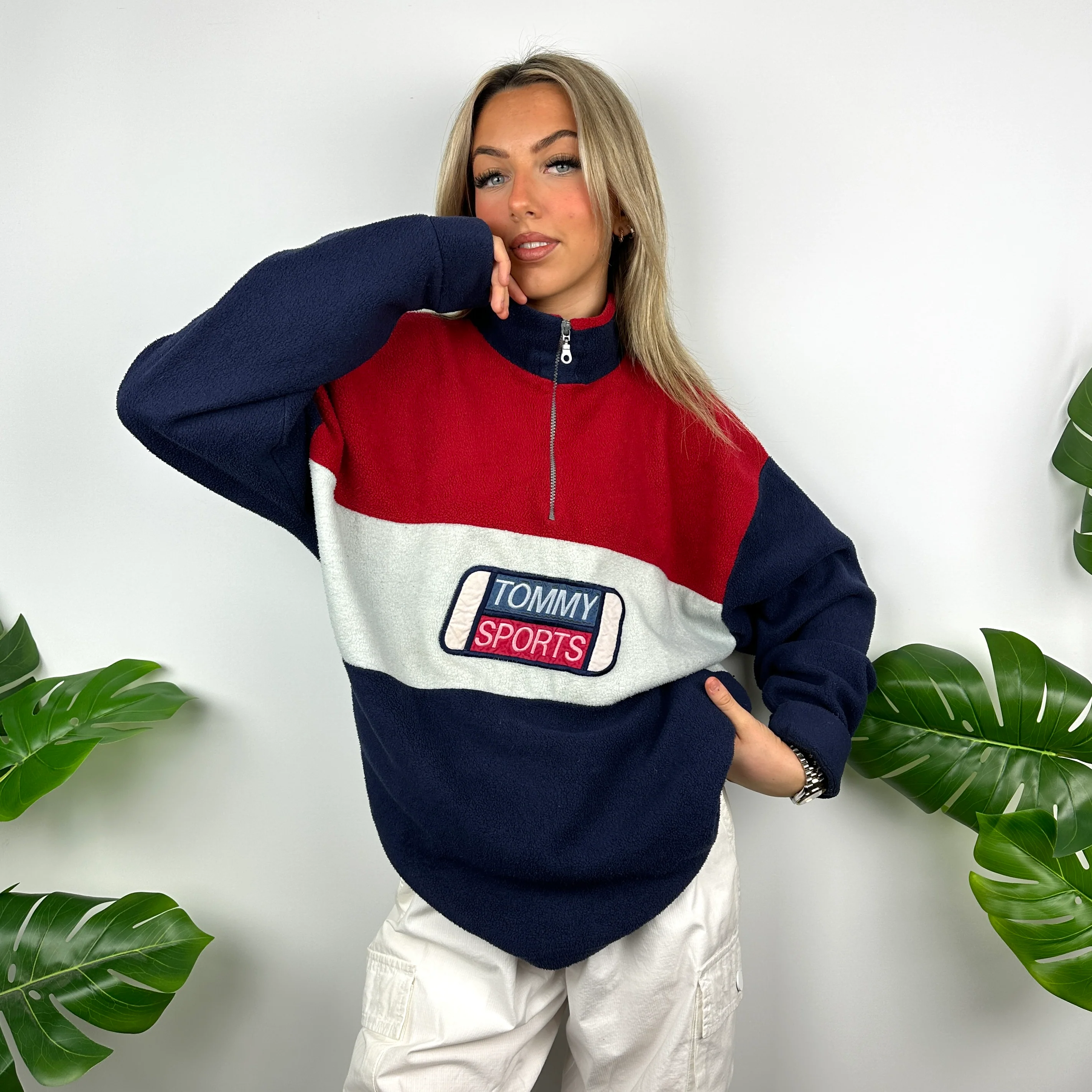 Tommy Hilfiger Colour Block Embroidered Spell Out Teddy Bear Fleece Quarter Zip Sweatshirt (M) - Image 5