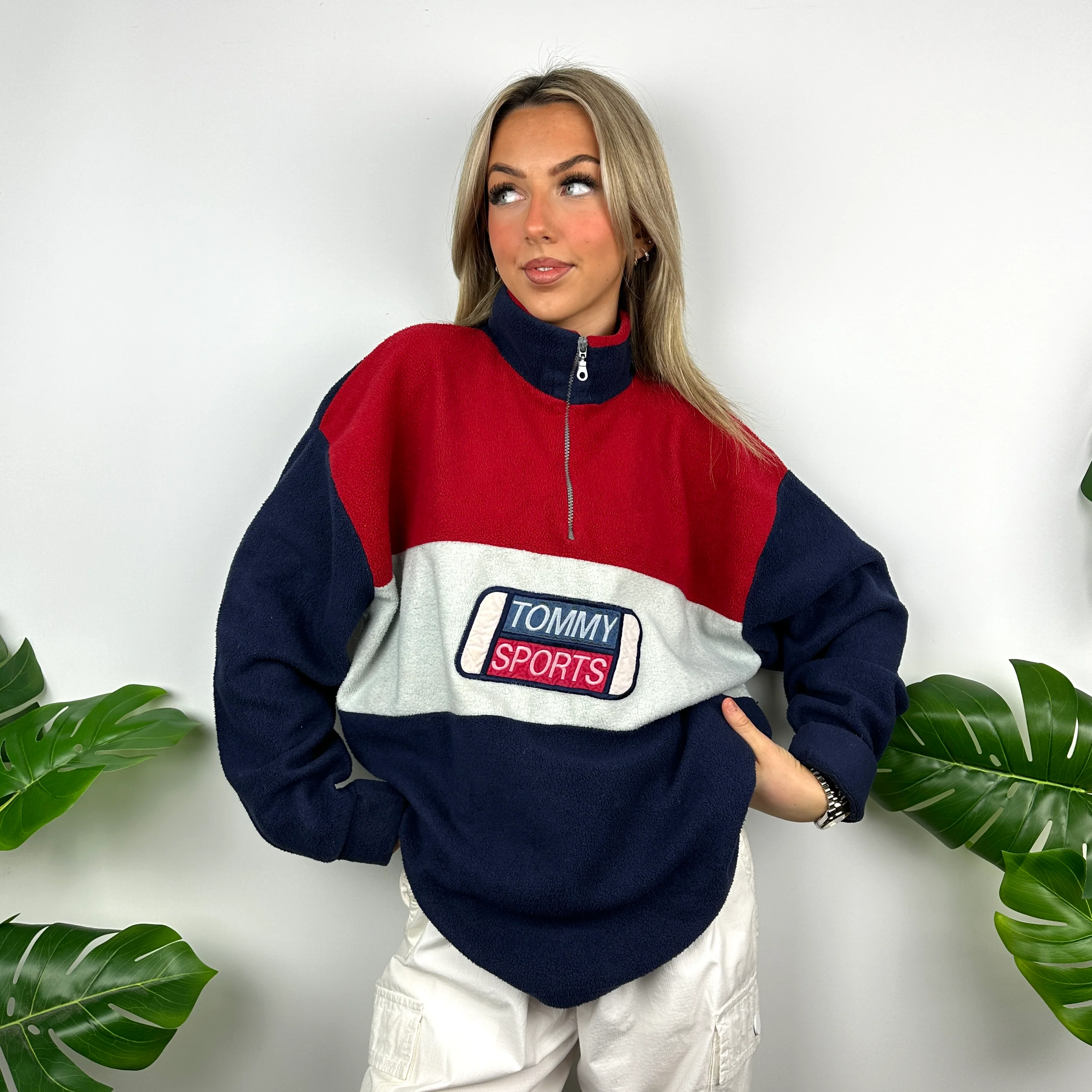 Tommy Hilfiger Colour Block Embroidered Spell Out Teddy Bear Fleece Quarter Zip Sweatshirt (M) - Image 7