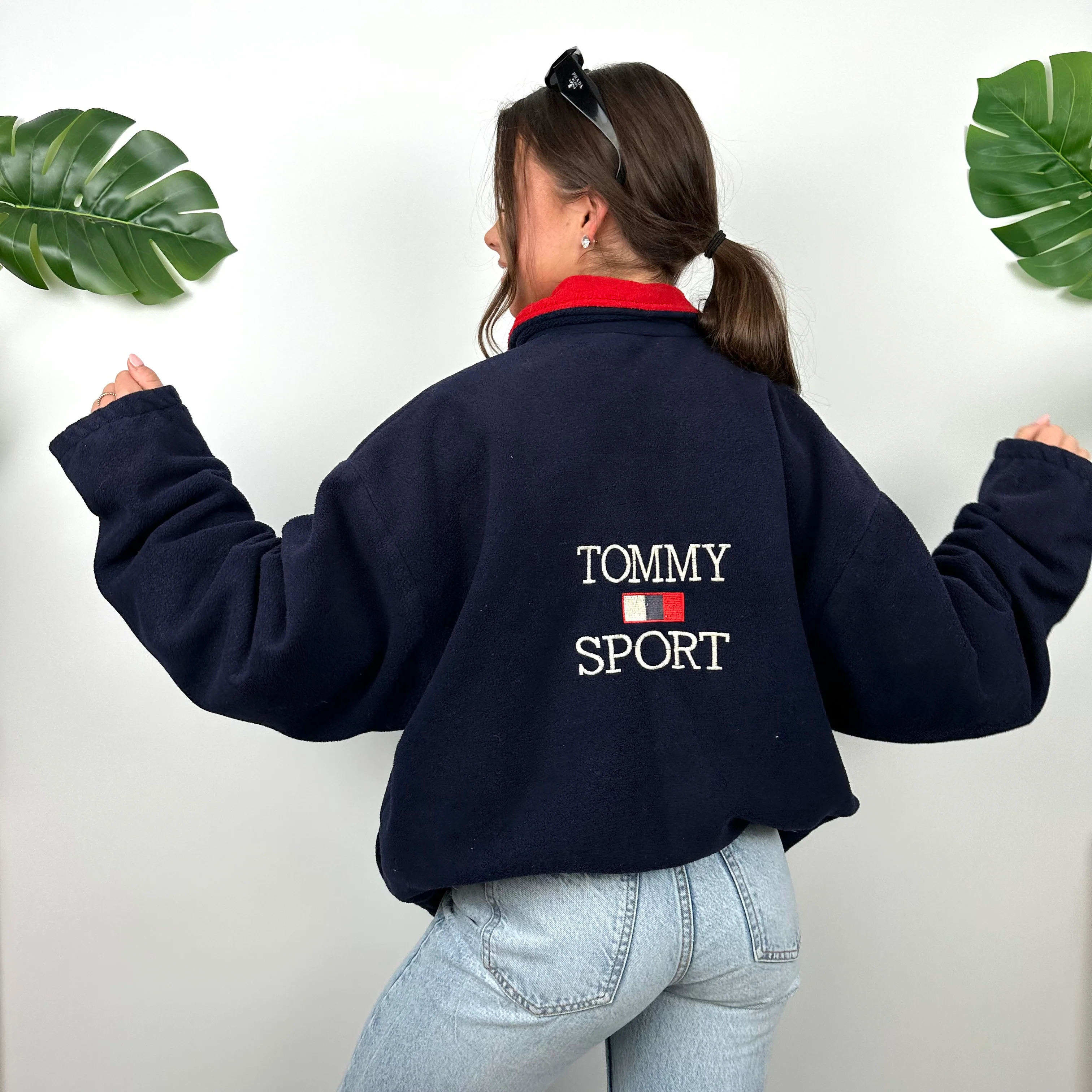 Tommy Hilfiger Embroidered Spell Out Teddy Bear Fleece Zip Up Sweatshirt (L)