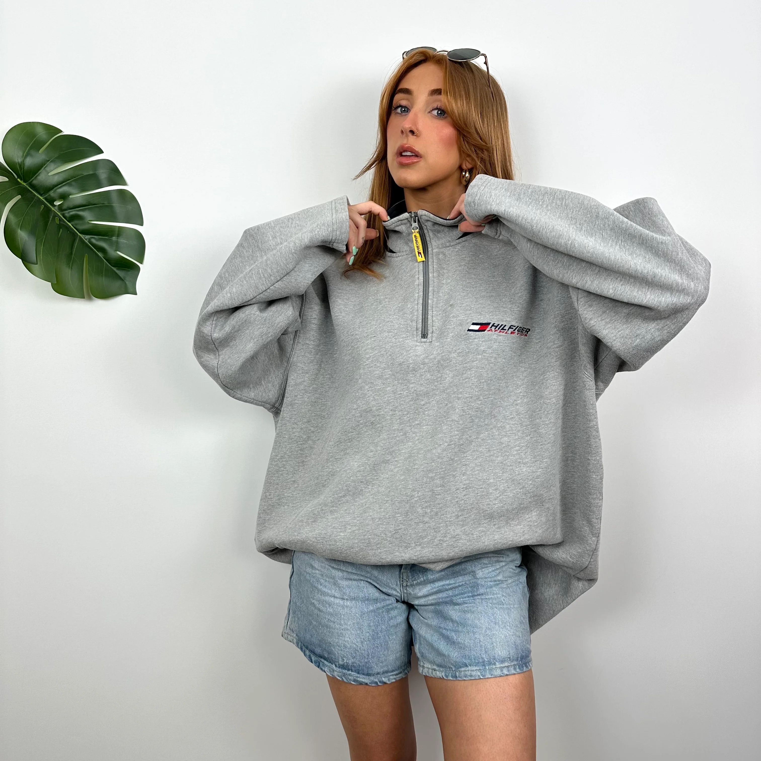Tommy Hilfiger Grey Embroidered Spell Out Quarter Zip Sweatshirt (L) - Image 3