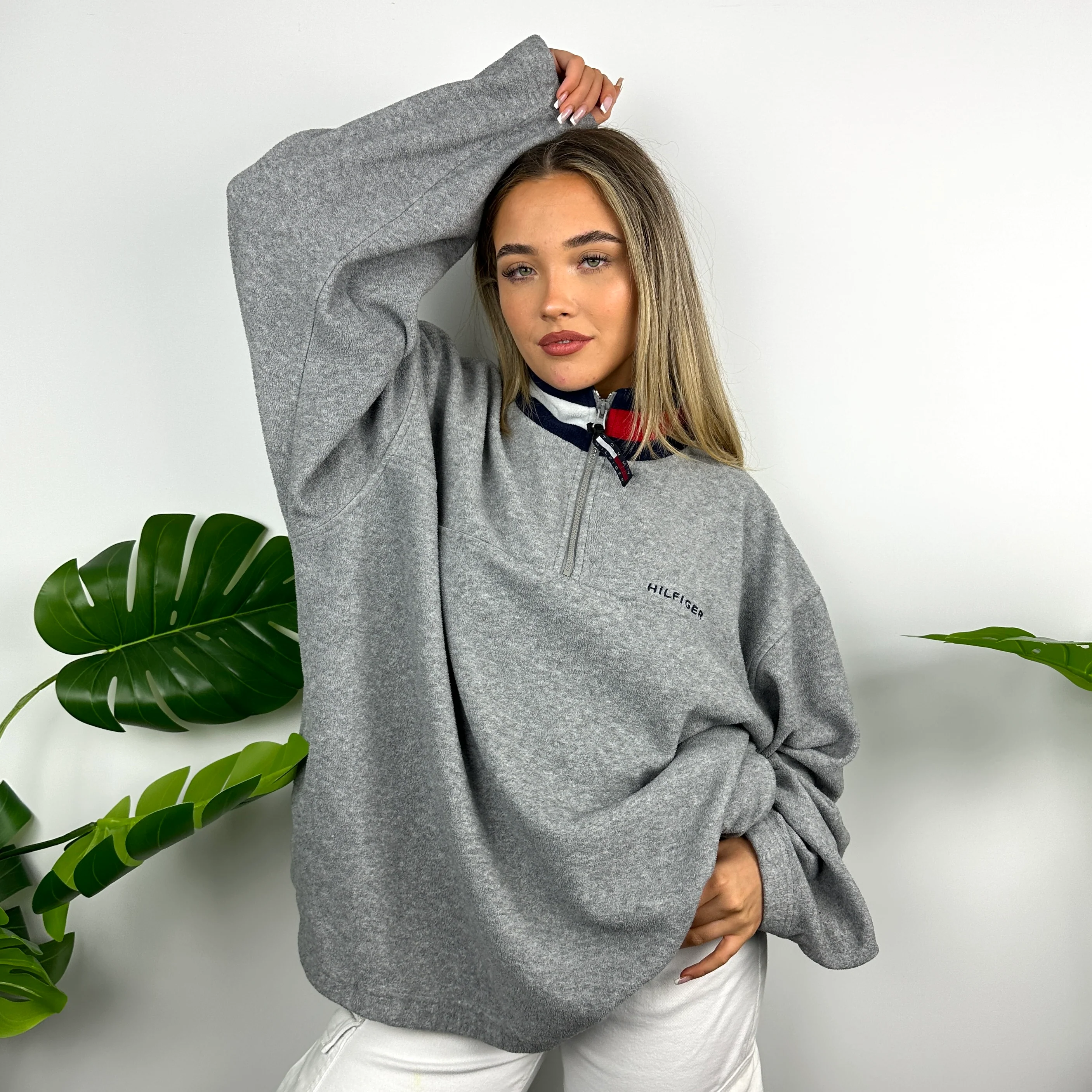 Tommy Hilfiger Grey Embroidered Spell Out Teddy Bear Fleece Quarter Zip Sweatshirt (XL) - Image 6