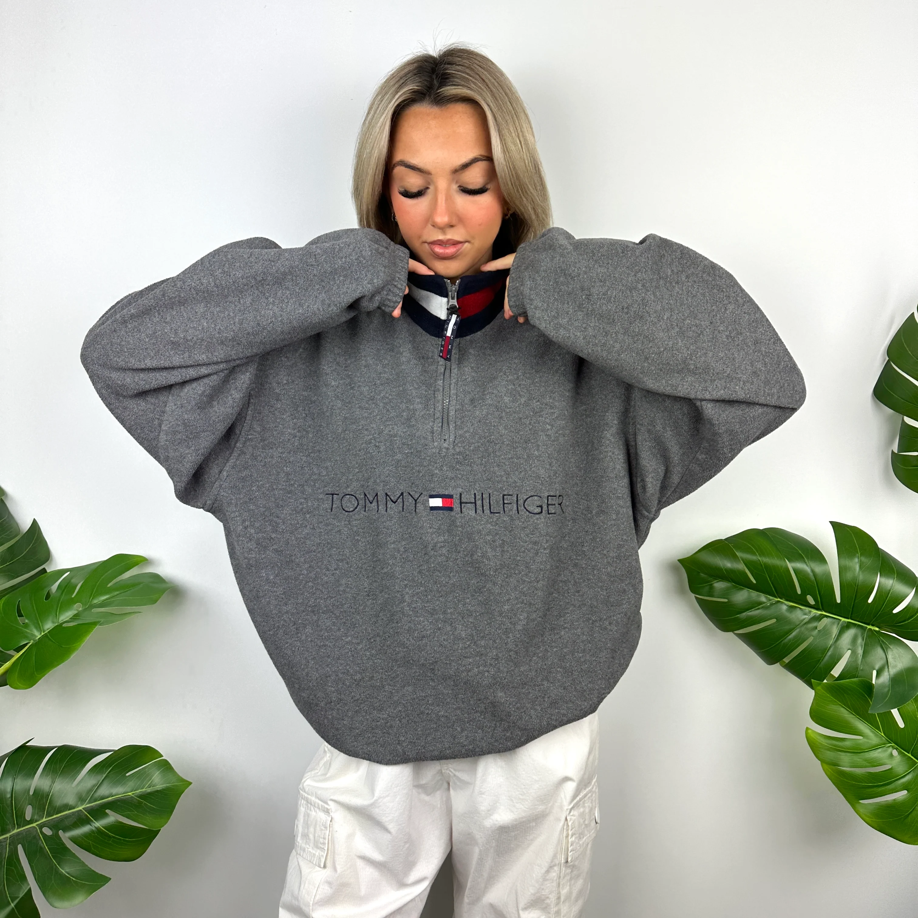 Tommy Hilfiger Grey Embroidered Spell Out Teddy Bear Fleece Quarter Zip Sweatshirt (L) - Image 2