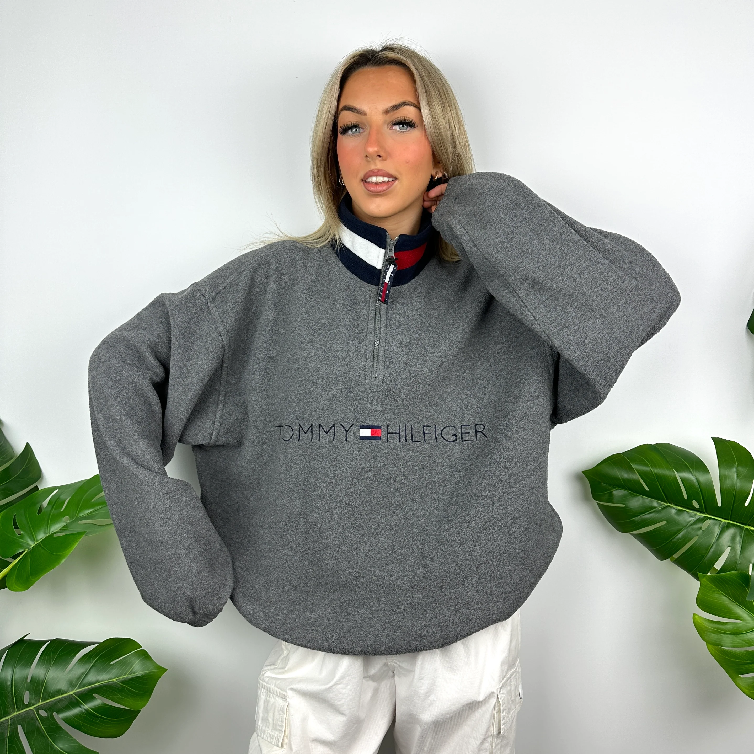 Tommy Hilfiger Grey Embroidered Spell Out Teddy Bear Fleece Quarter Zip Sweatshirt (L) - Image 3