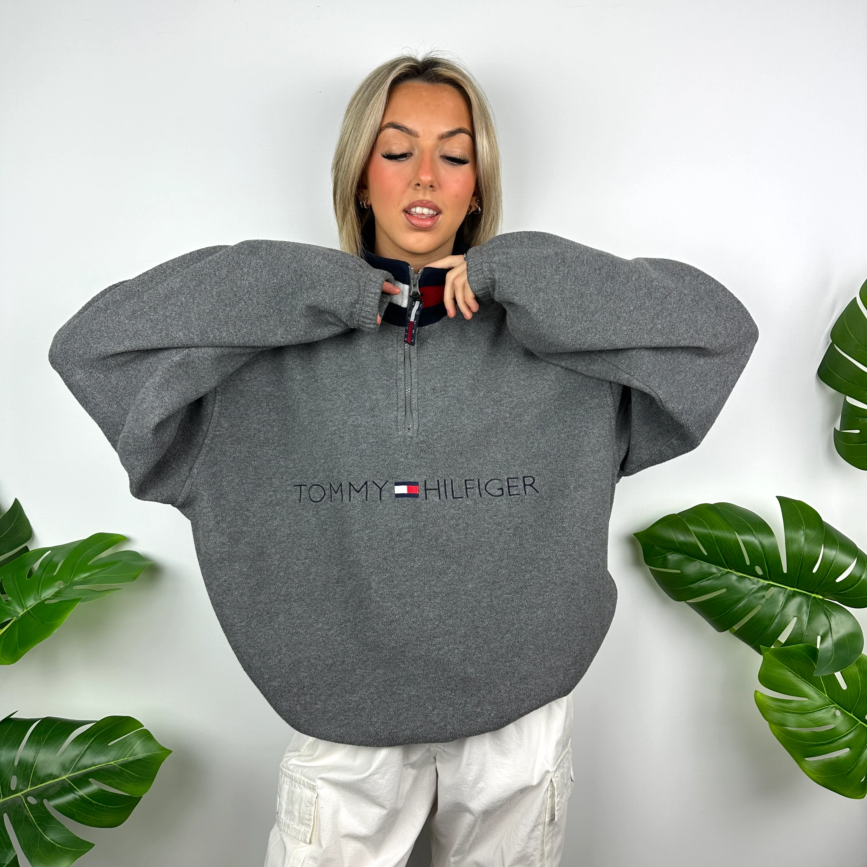 Tommy Hilfiger Grey Embroidered Spell Out Teddy Bear Fleece Quarter Zip Sweatshirt (L) - Image 4