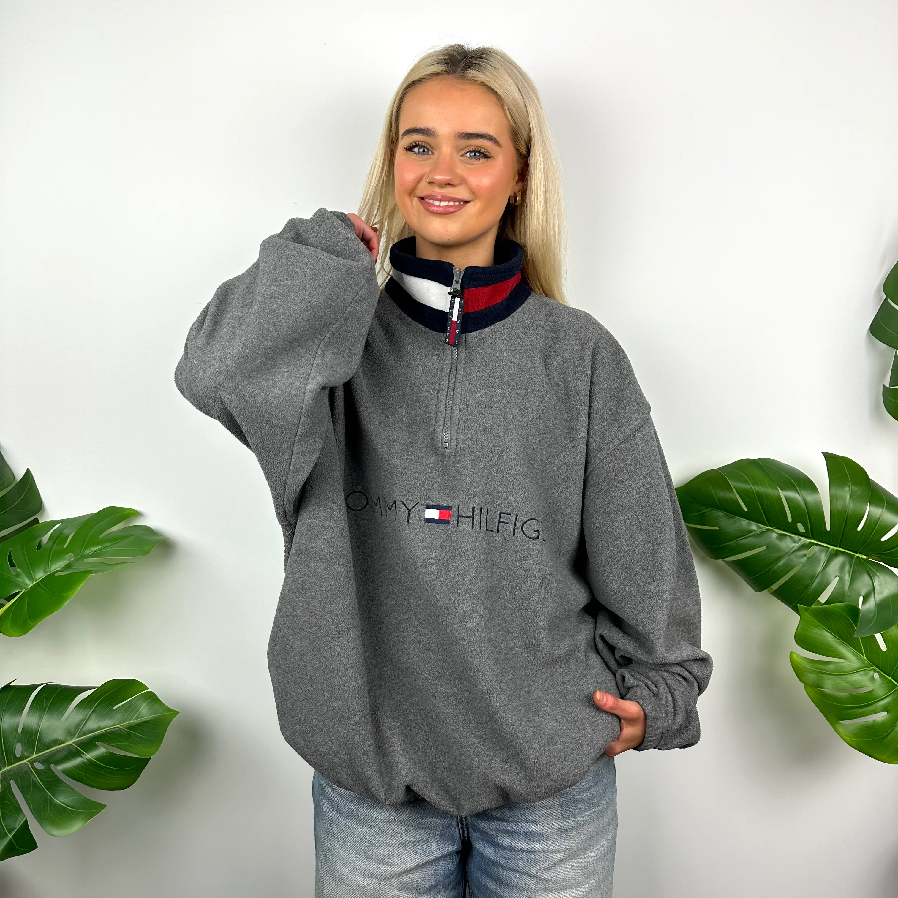 Tommy Hilfiger Grey Embroidered Spell Out Teddy Bear Fleece Quarter Zip Sweatshirt (L) - Image 6