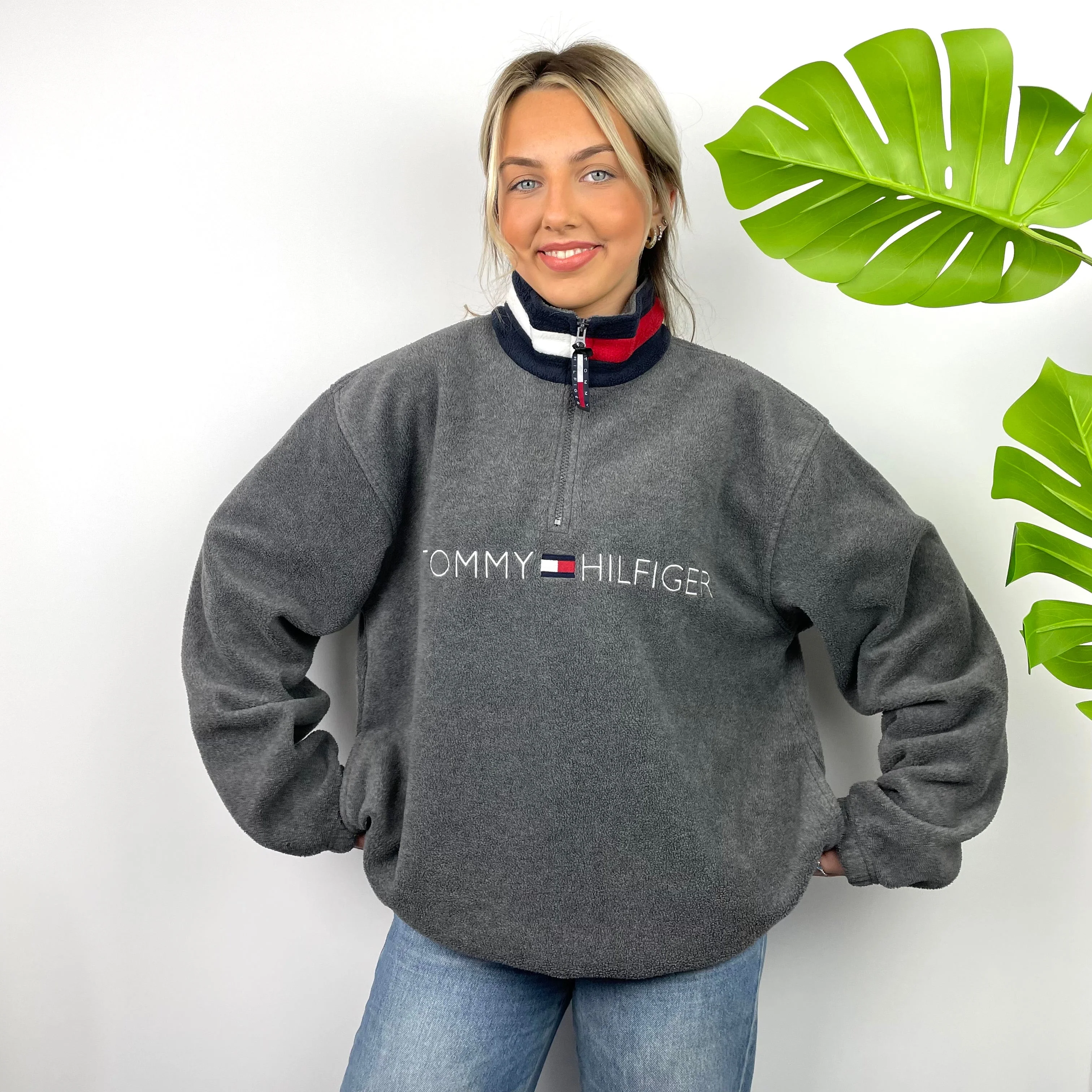 Tommy Hilfiger Grey Embroidered Spell Out Teddy Bear Fleece Quarter Zip Sweatshirt (XL) - Image 3