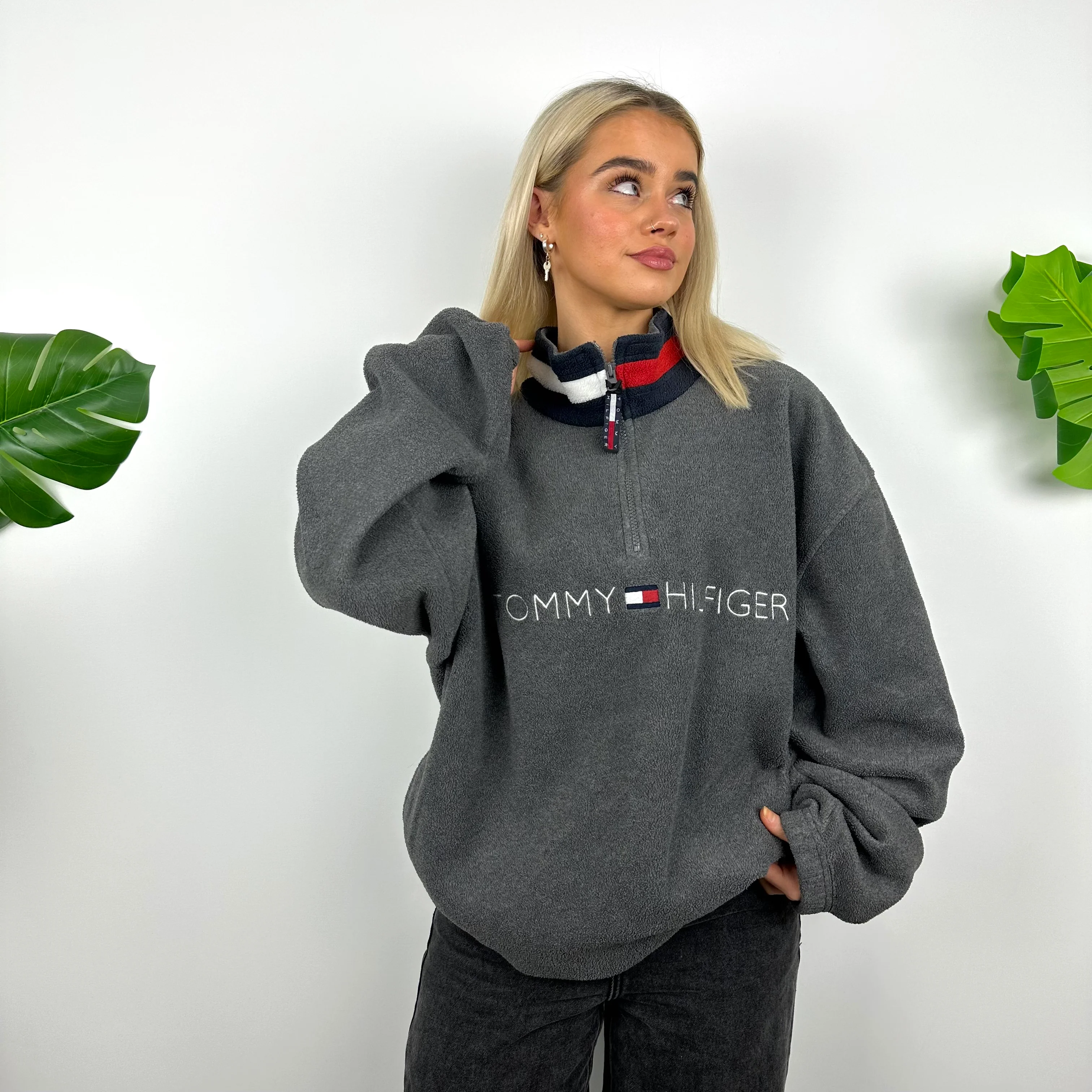 Tommy Hilfiger Grey Embroidered Spell Out Teddy Bear Fleece Quarter Zip Sweatshirt (XL) - Image 2