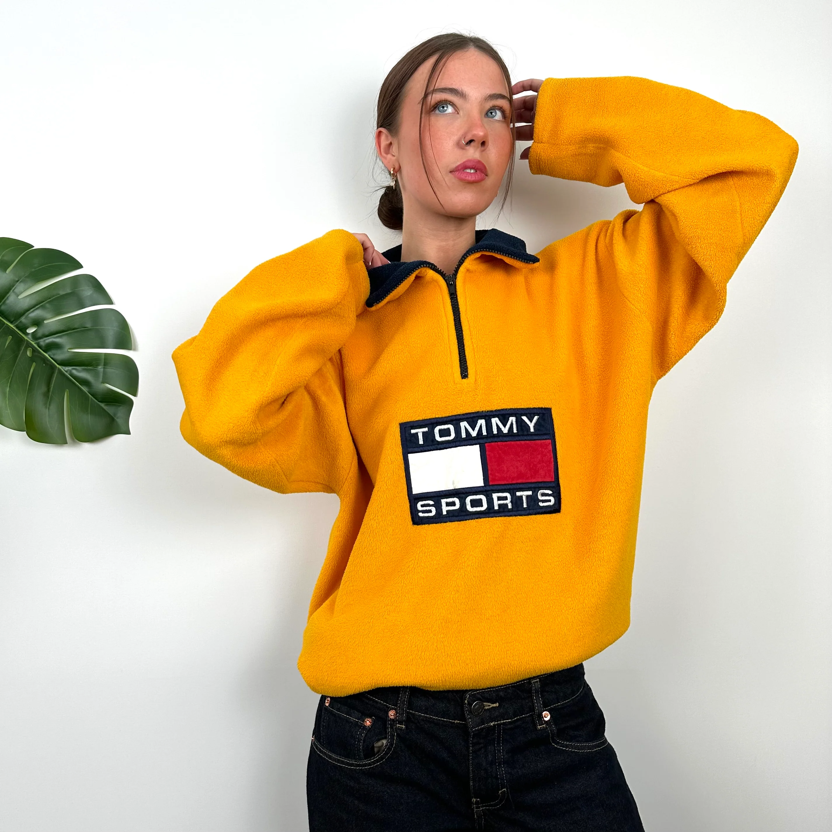 Tommy Hilfiger Mustard Embroidered Spell Out Teddy Bear Fleece Quarter Zip Sweatshirt (XL) - Image 2