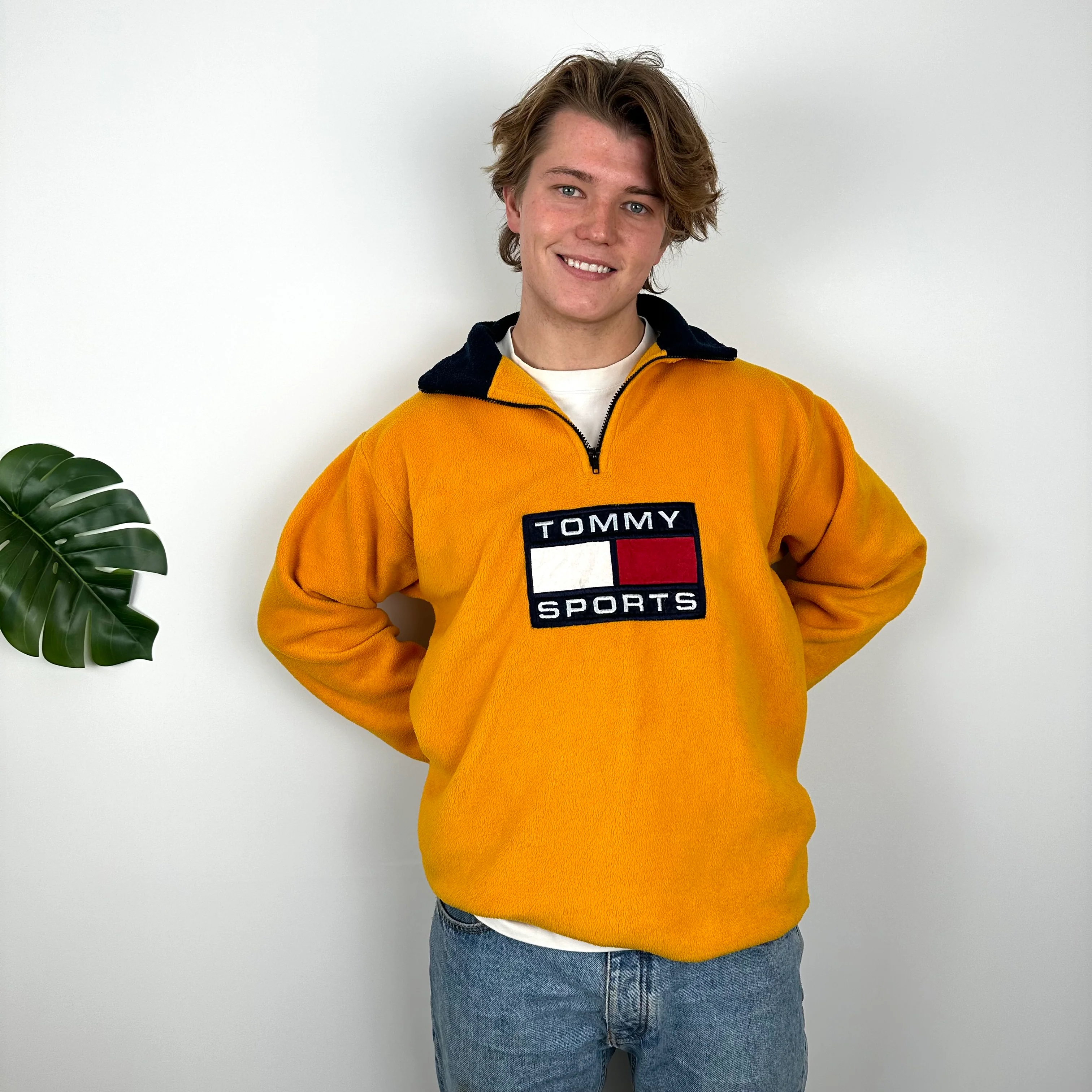 Tommy Hilfiger Mustard Embroidered Spell Out Teddy Bear Fleece Quarter Zip Sweatshirt (XL) - Image 3