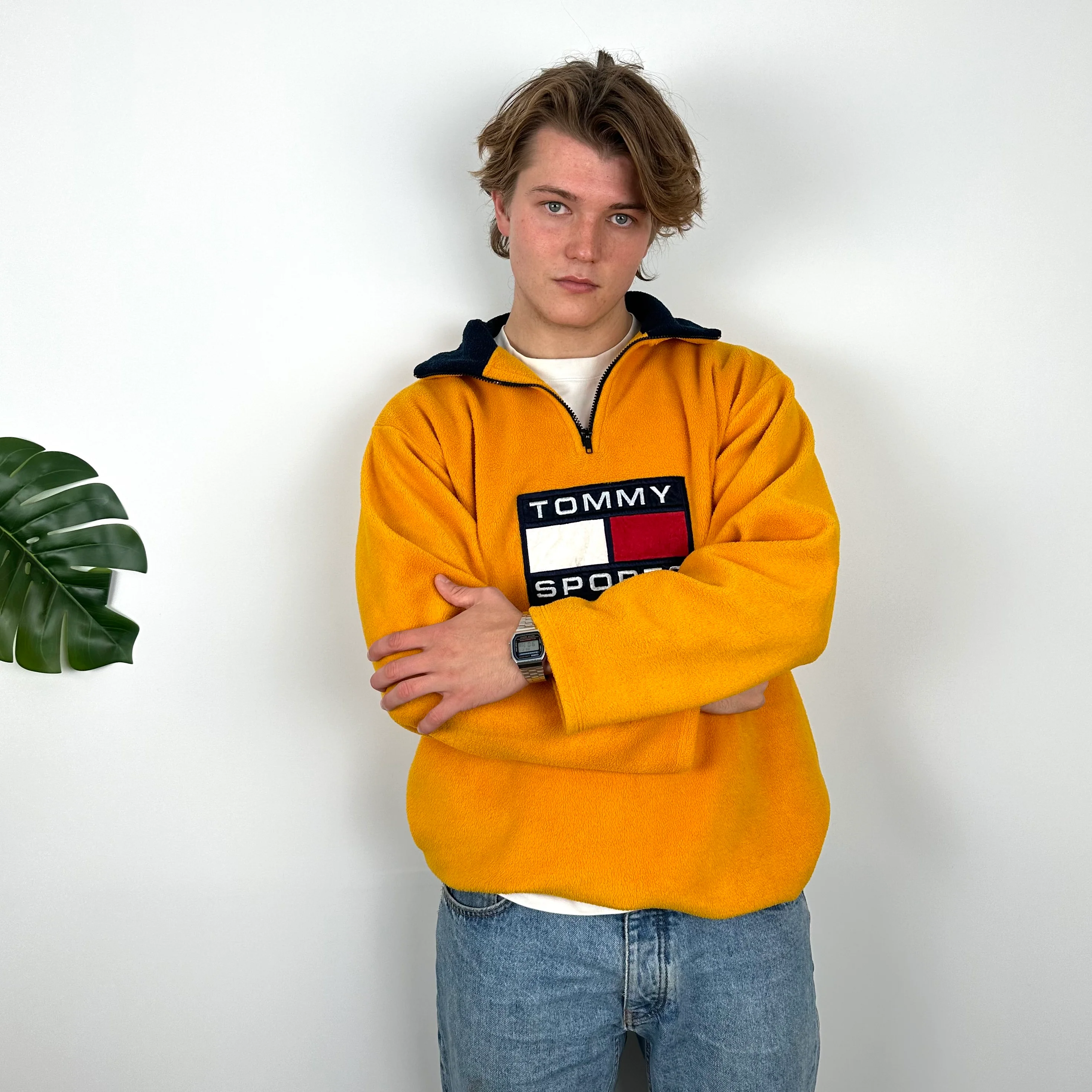 Tommy Hilfiger Mustard Embroidered Spell Out Teddy Bear Fleece Quarter Zip Sweatshirt (XL) - Image 4