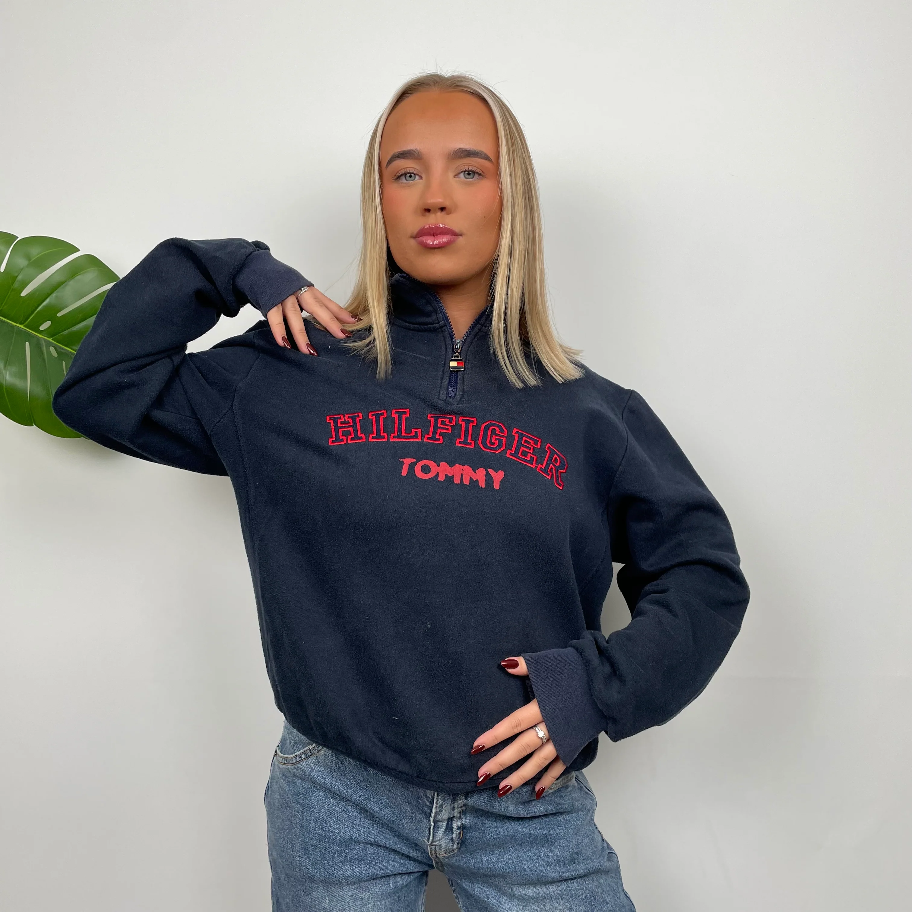 Tommy Hilfiger Navy Embroidered Spell Out Quarter Zip Sweatshirt (M) - Image 2