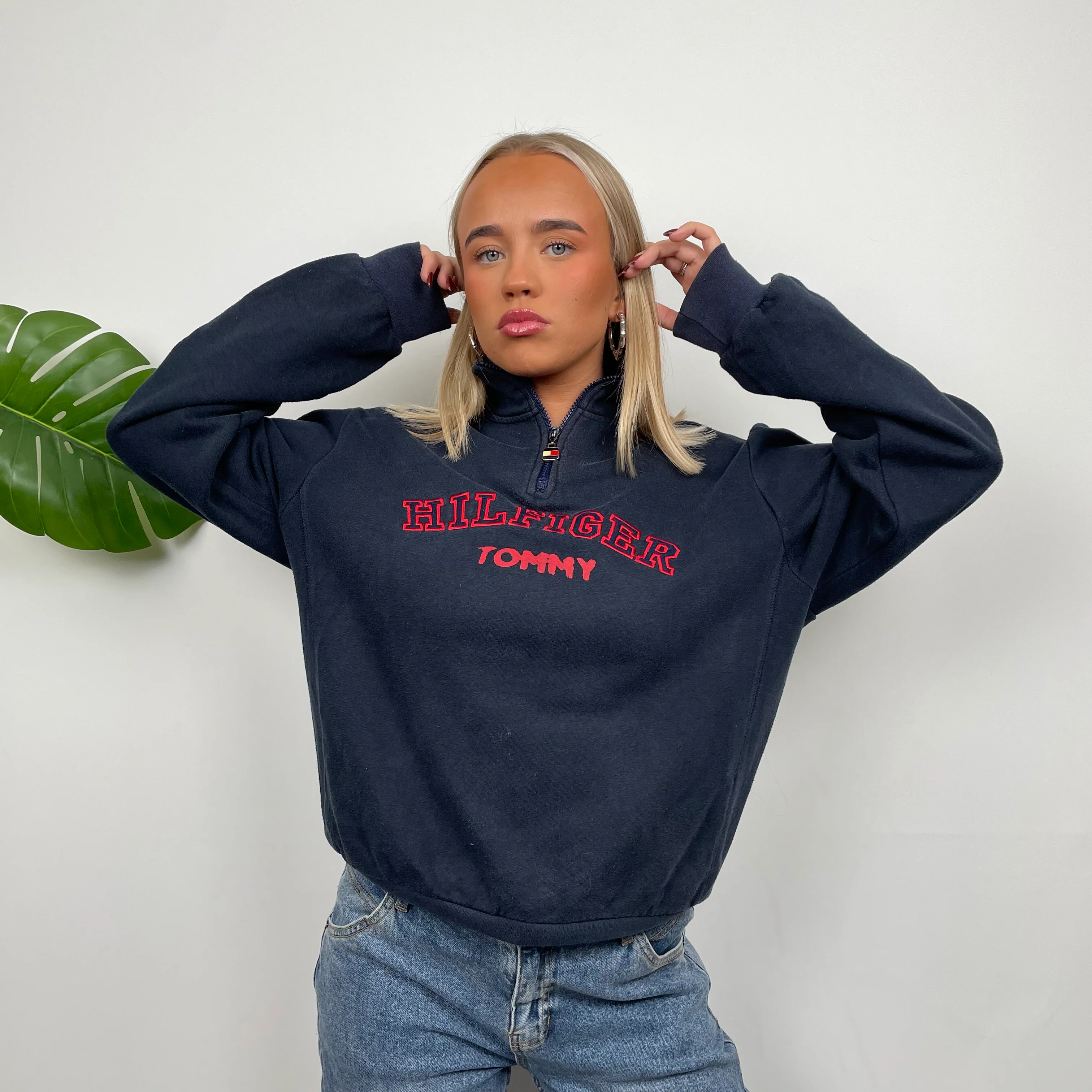 Tommy Hilfiger Navy Embroidered Spell Out Quarter Zip Sweatshirt (M) - Image 3