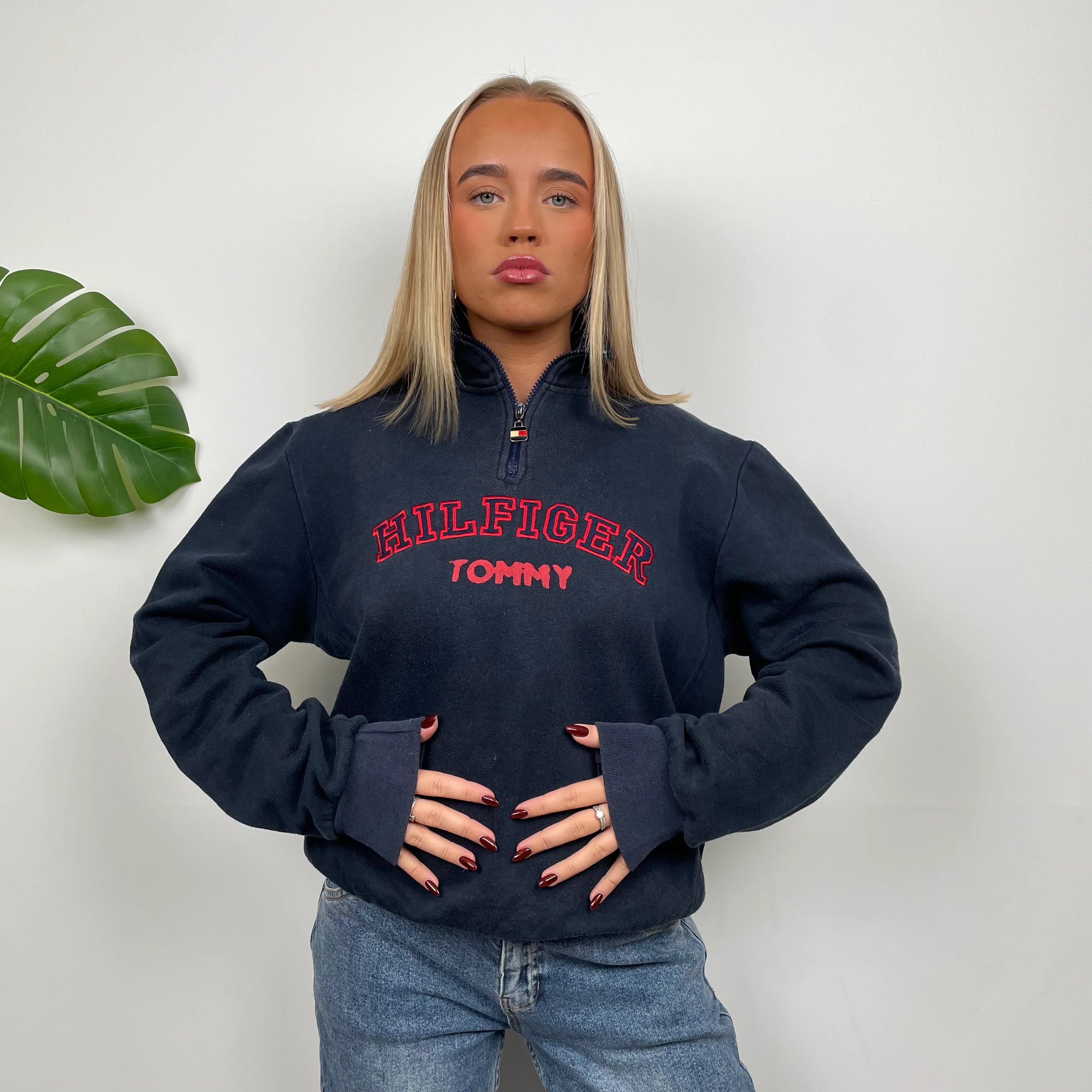 Tommy Hilfiger Navy Embroidered Spell Out Quarter Zip Sweatshirt (M) - Image 4