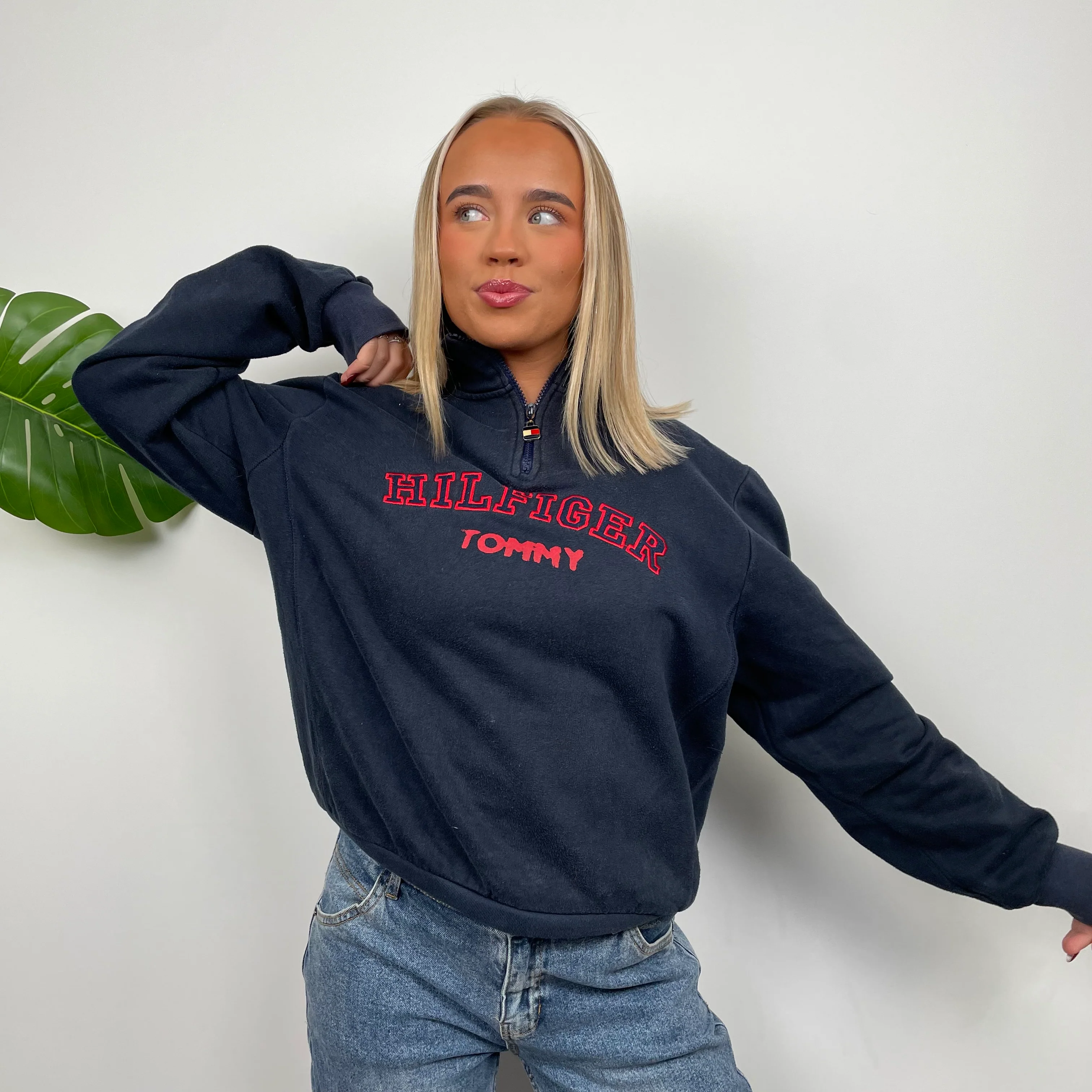 Tommy Hilfiger Navy Embroidered Spell Out Quarter Zip Sweatshirt (M) - Image 5