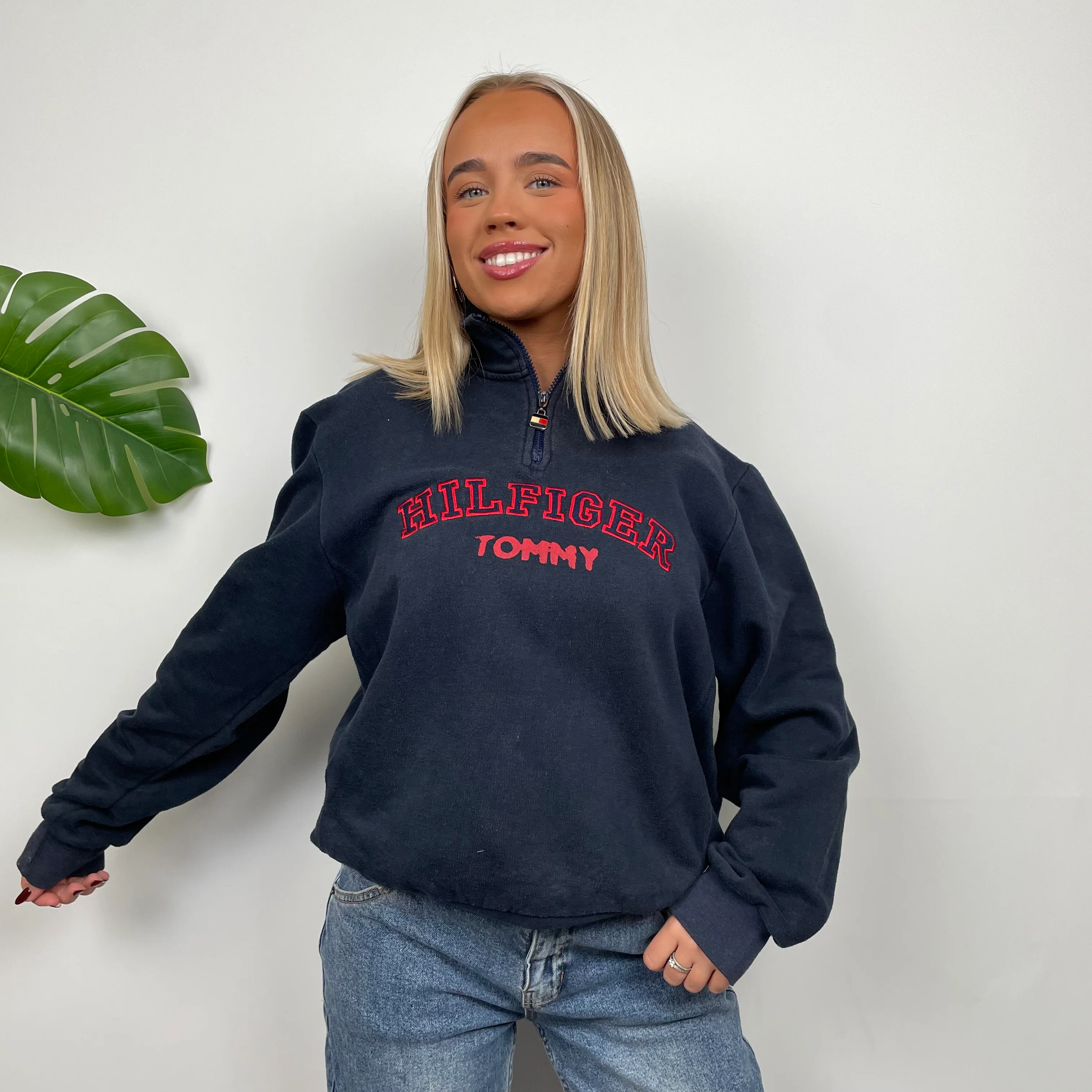 Tommy Hilfiger Navy Embroidered Spell Out Quarter Zip Sweatshirt (M) - Image 6