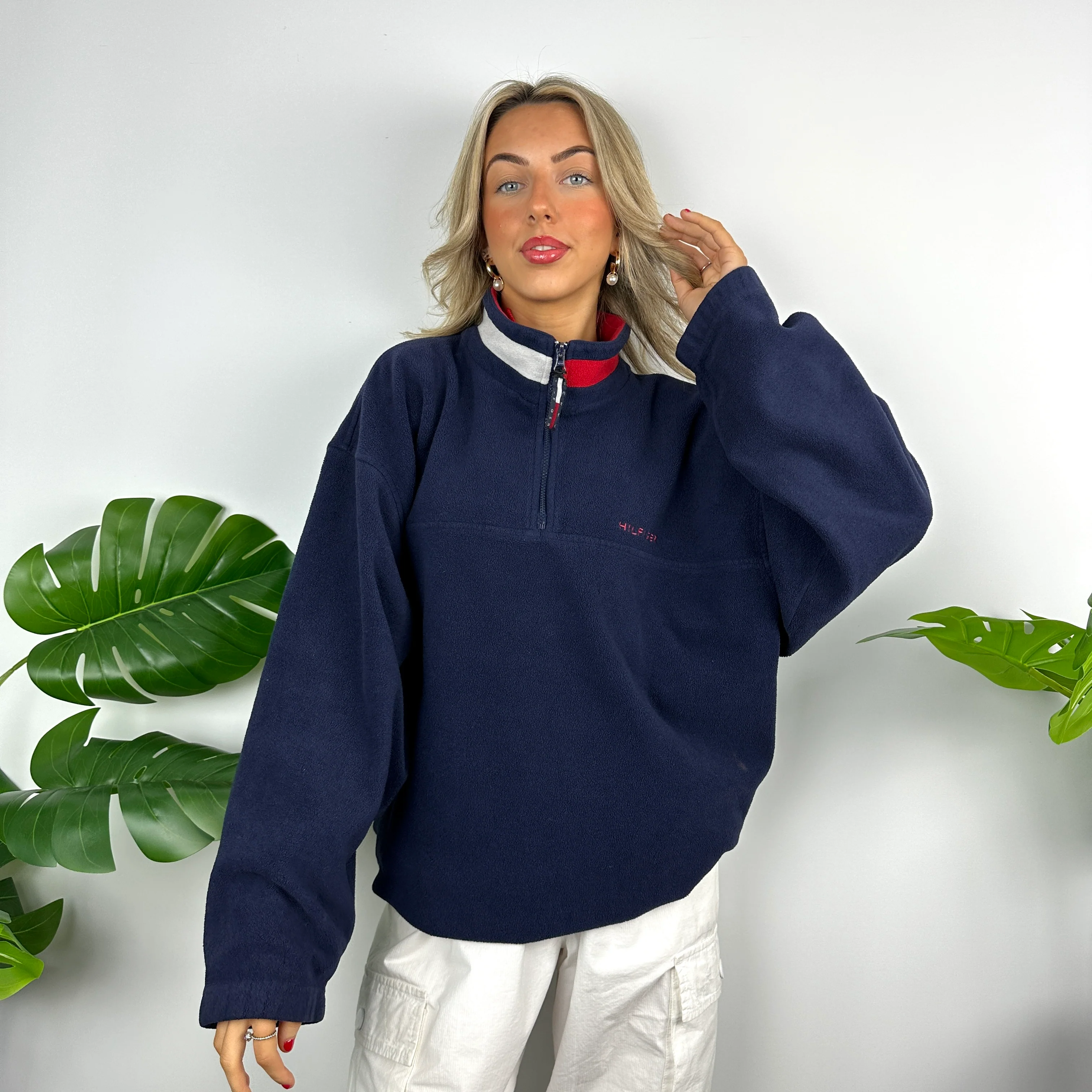 Tommy Hilfiger Navy Embroidered Spell Out Teddy Bear Fleece Quarter Zip Sweatshirt (XL) - Image 3