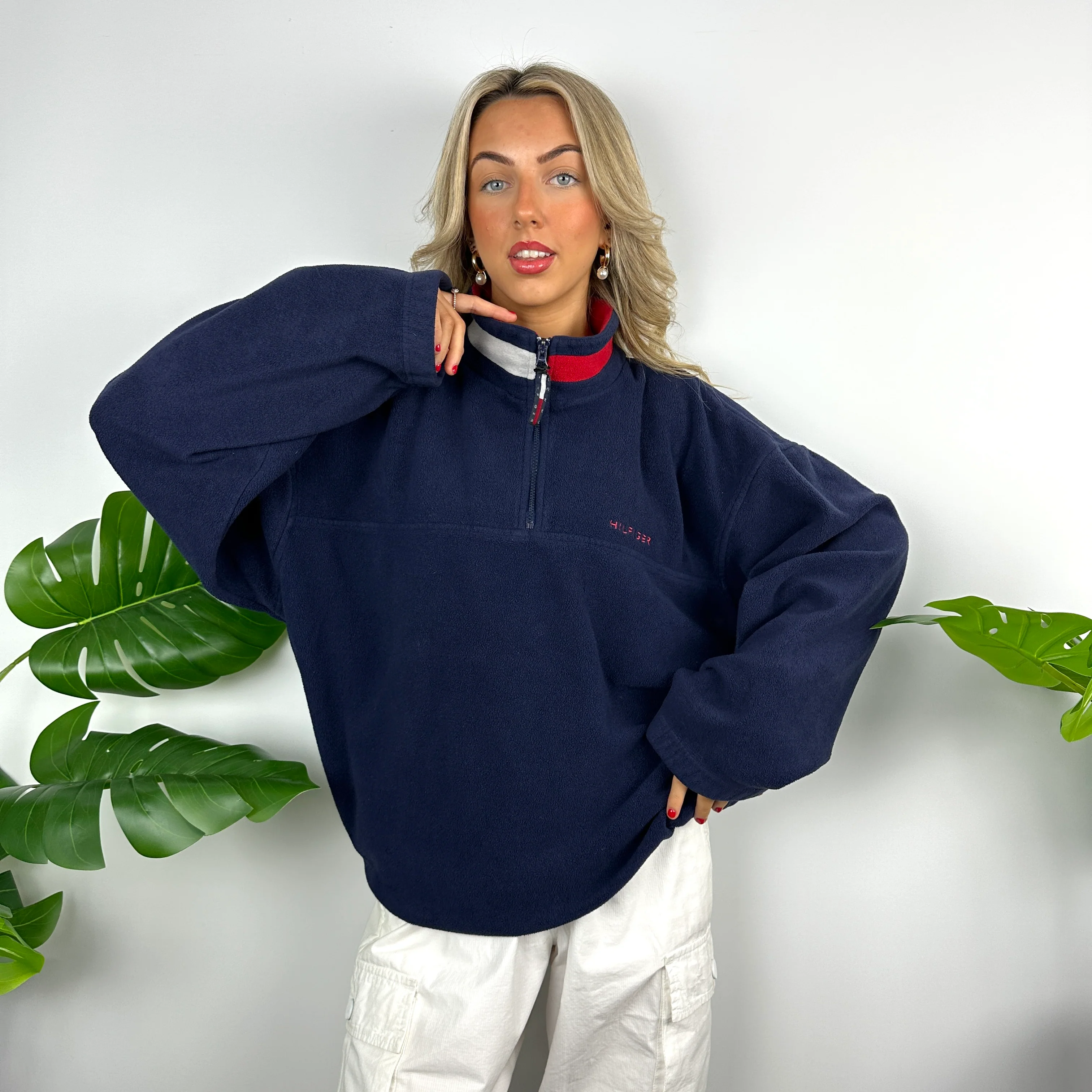 Tommy Hilfiger Navy Embroidered Spell Out Teddy Bear Fleece Quarter Zip Sweatshirt (XL) - Image 5