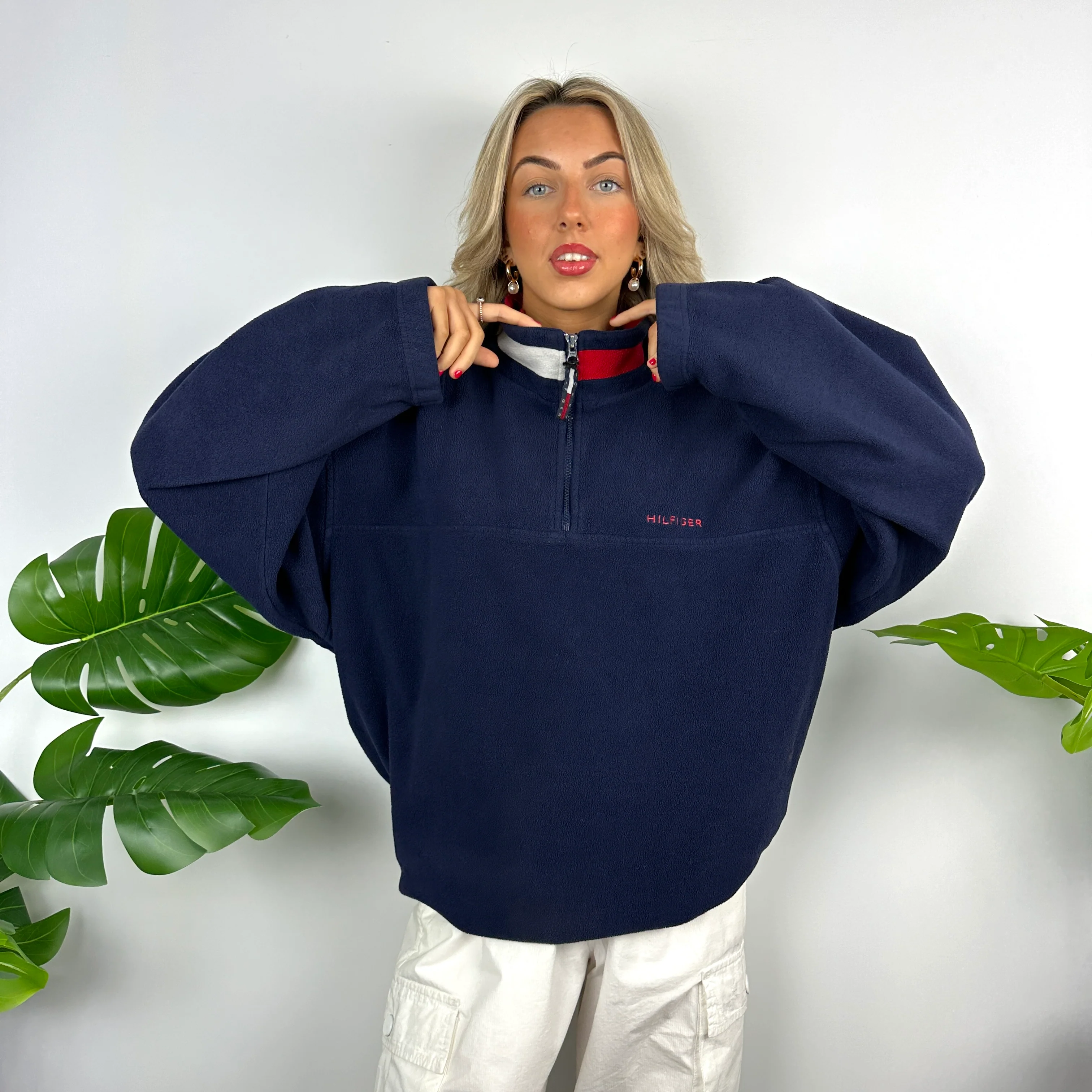 Tommy Hilfiger Navy Embroidered Spell Out Teddy Bear Fleece Quarter Zip Sweatshirt (XL) - Image 6