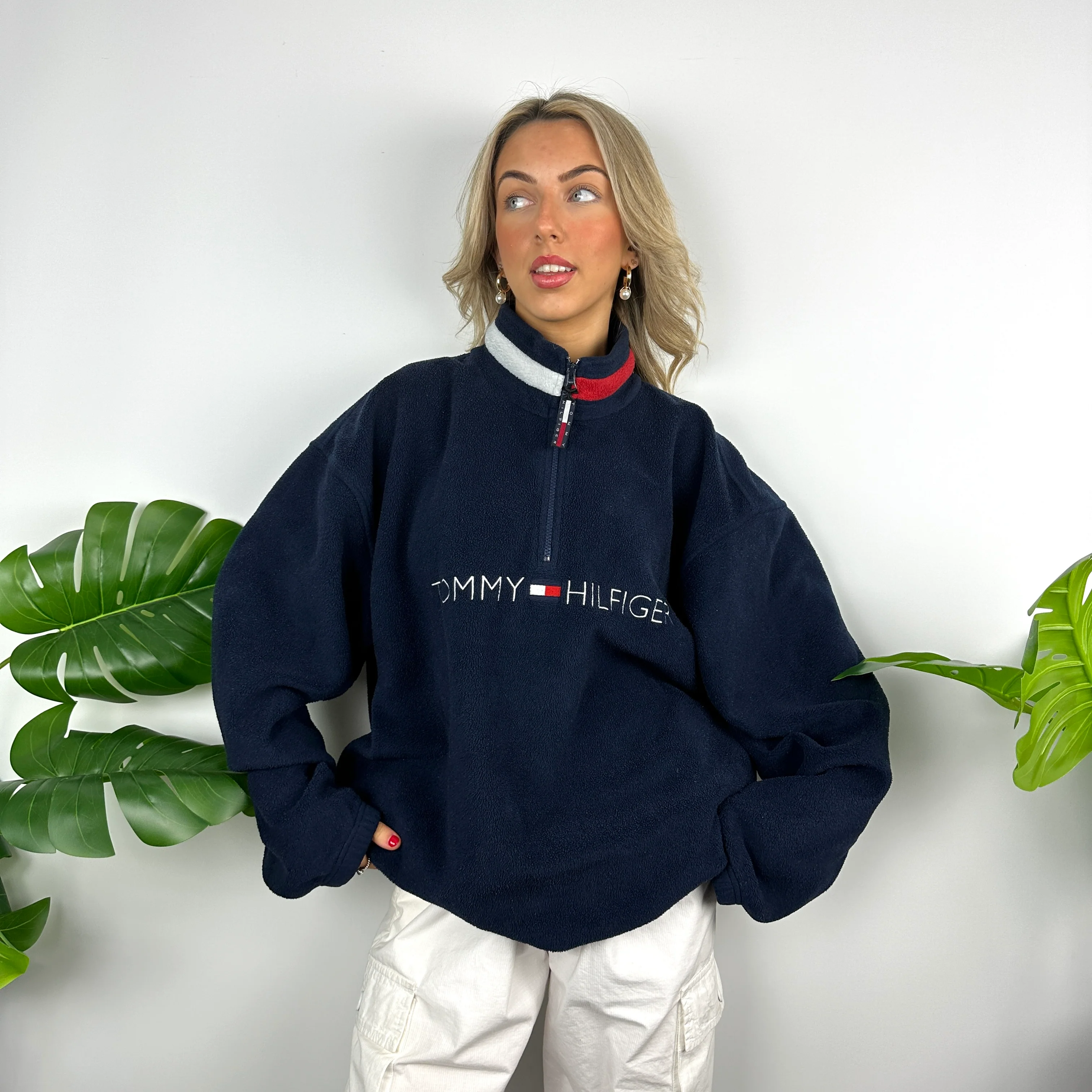 Tommy Hilfiger Navy Embroidered Spell Out Teddy Bear Fleece Quarter Zip Sweatshirt (XL) - Image 10