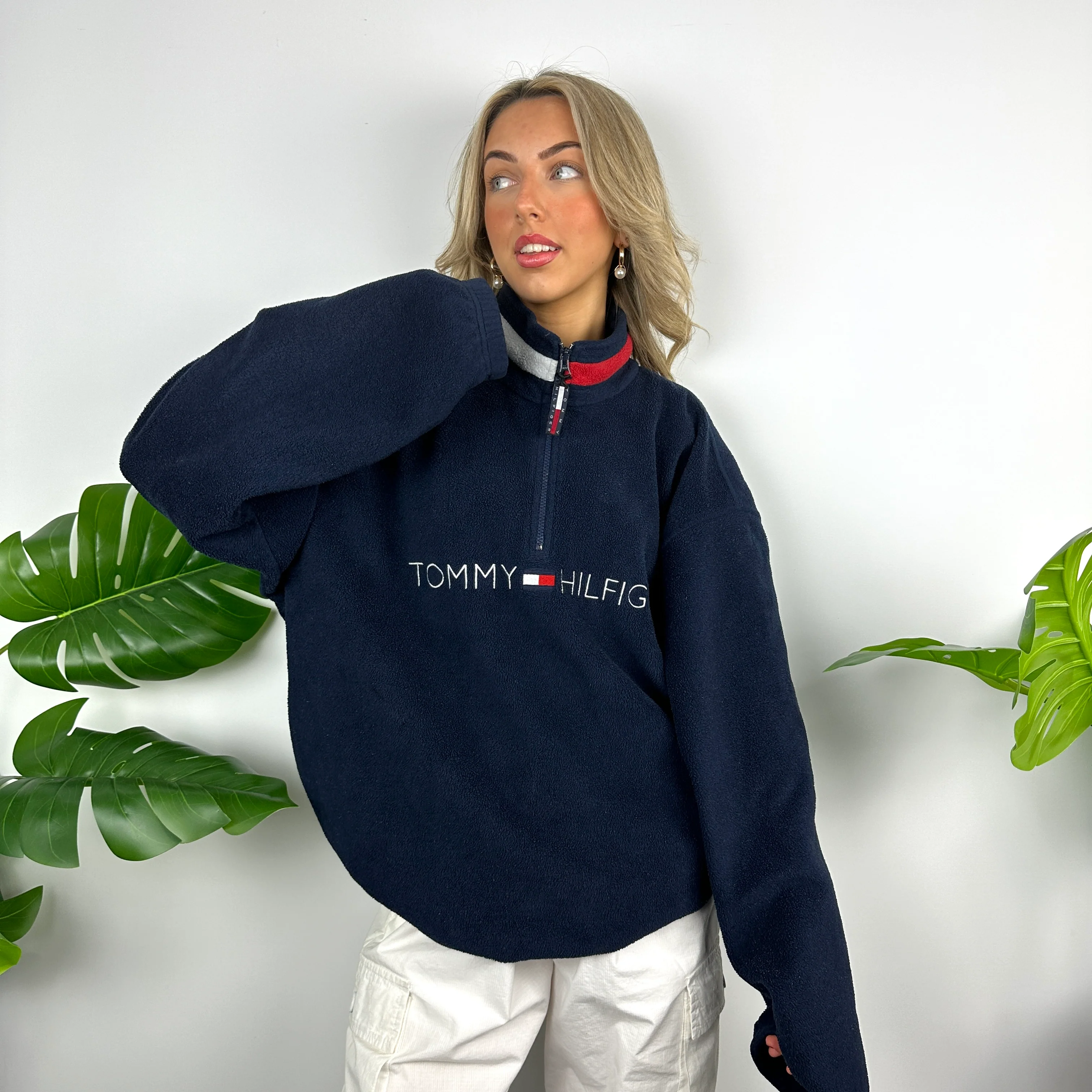 Tommy Hilfiger Navy Embroidered Spell Out Teddy Bear Fleece Quarter Zip Sweatshirt (XL) - Image 11