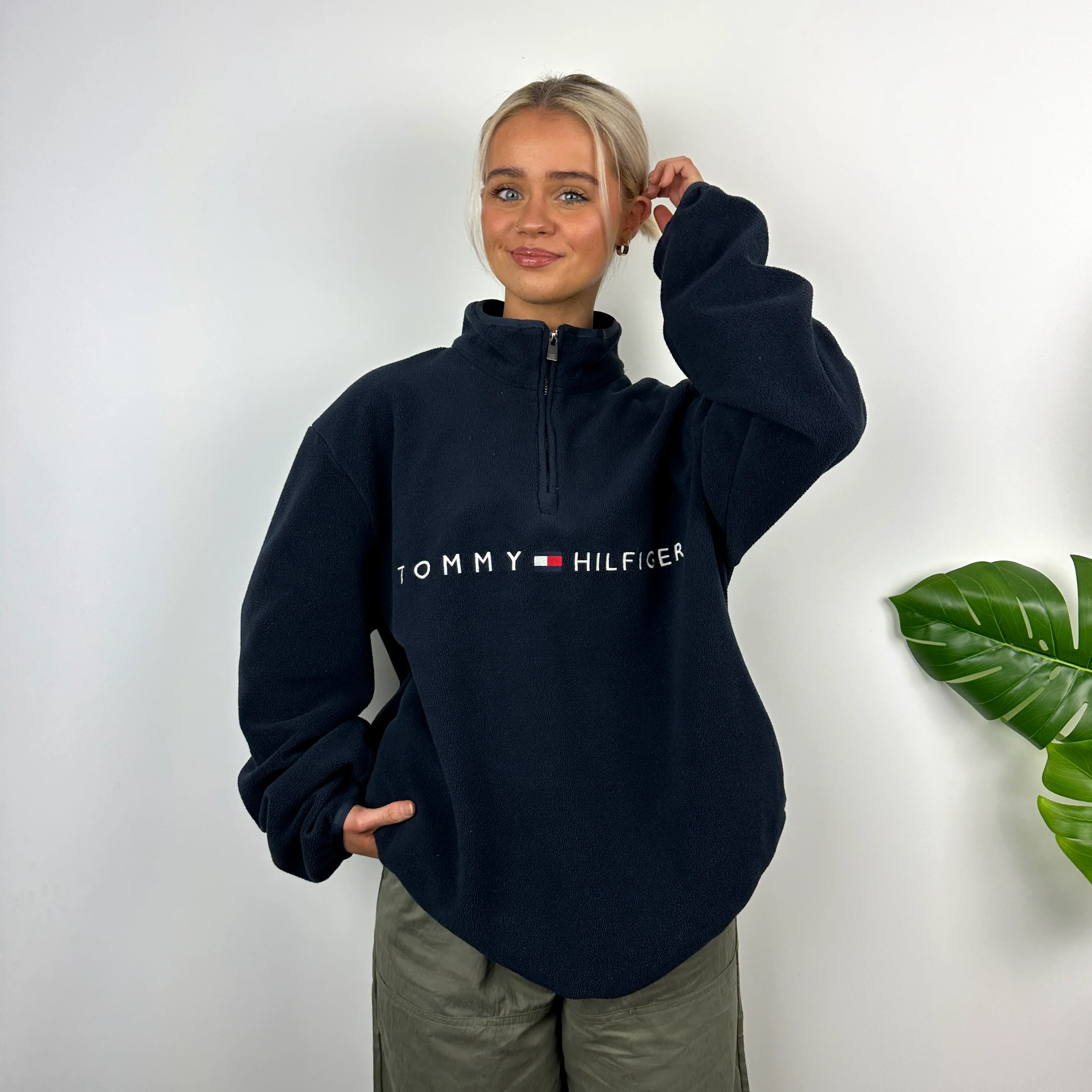 Tommy Hilfiger Navy Embroidered Spell Out Teddy Bear Fleece Quarter Zip Sweatshirt (L) - Image 5