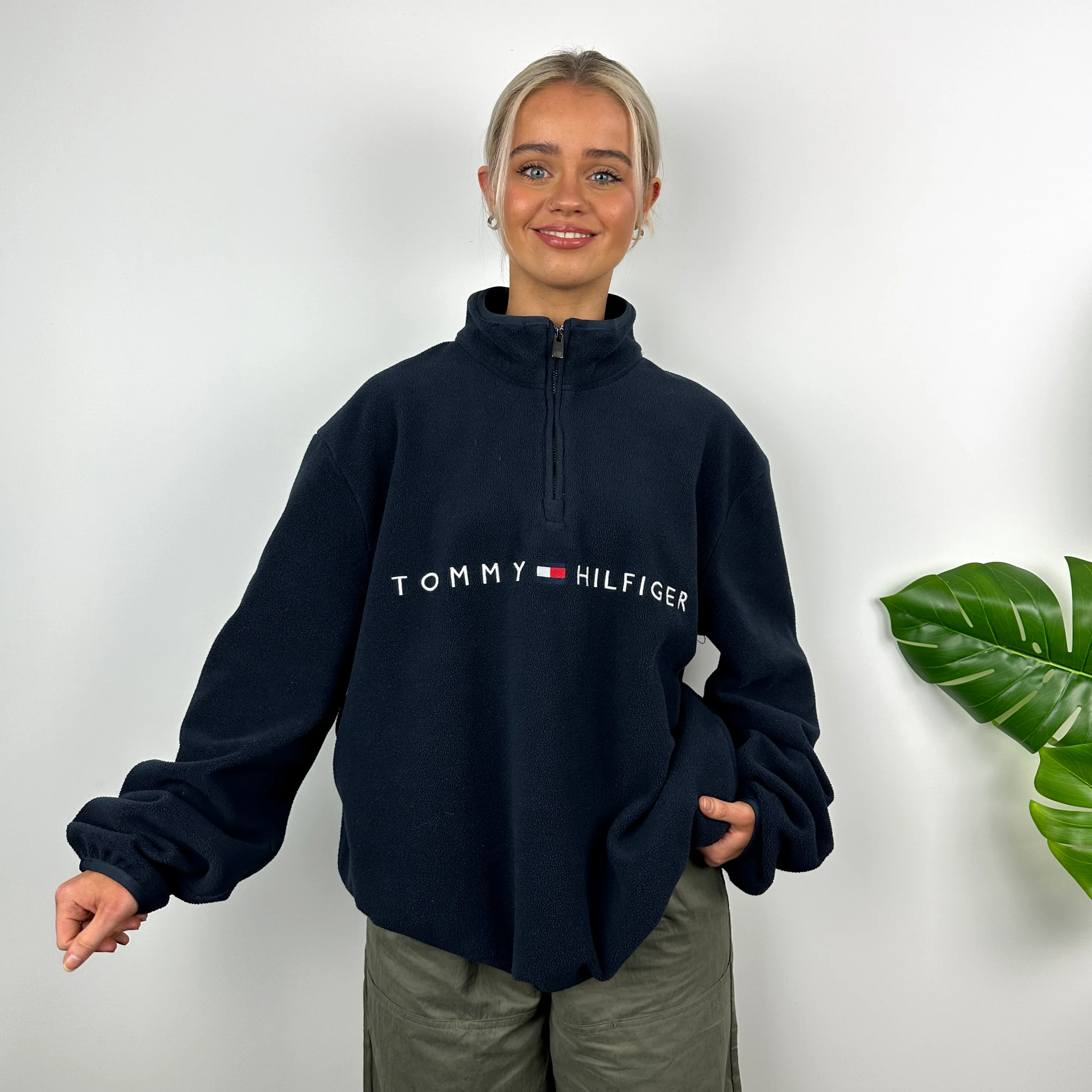 Tommy Hilfiger Navy Embroidered Spell Out Teddy Bear Fleece Quarter Zip Sweatshirt (L) - Image 6