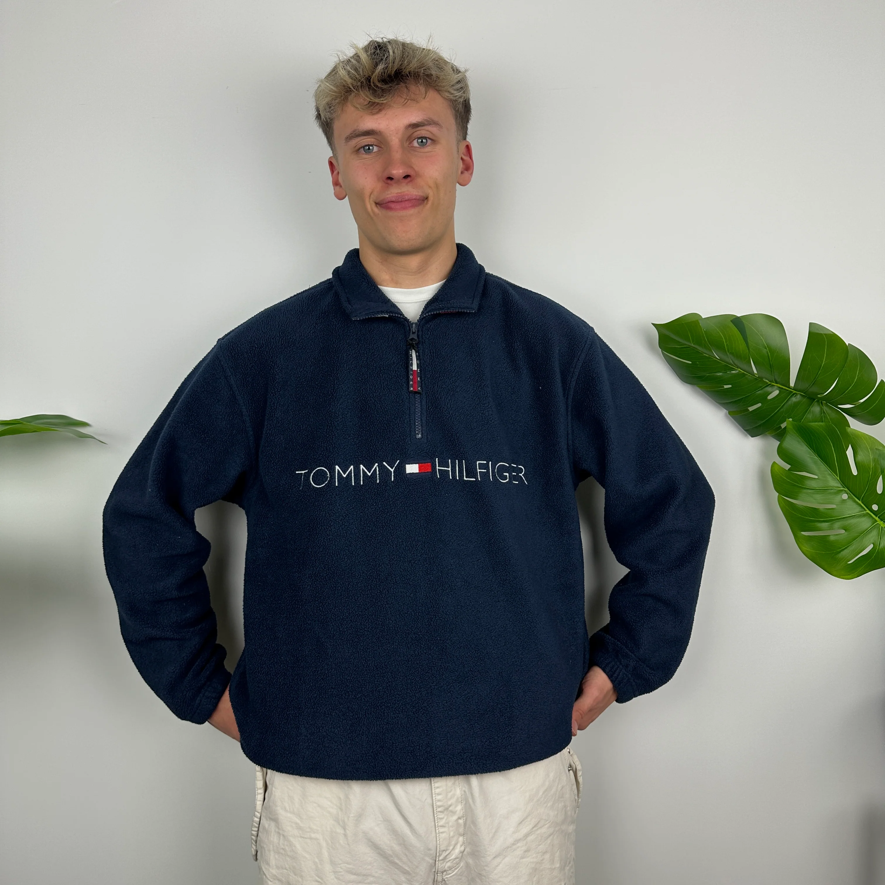 Tommy Hilfiger Navy Embroidered Spell Out Teddy Bear Fleece Quarter Zip Sweatshirt (M) - Image 5