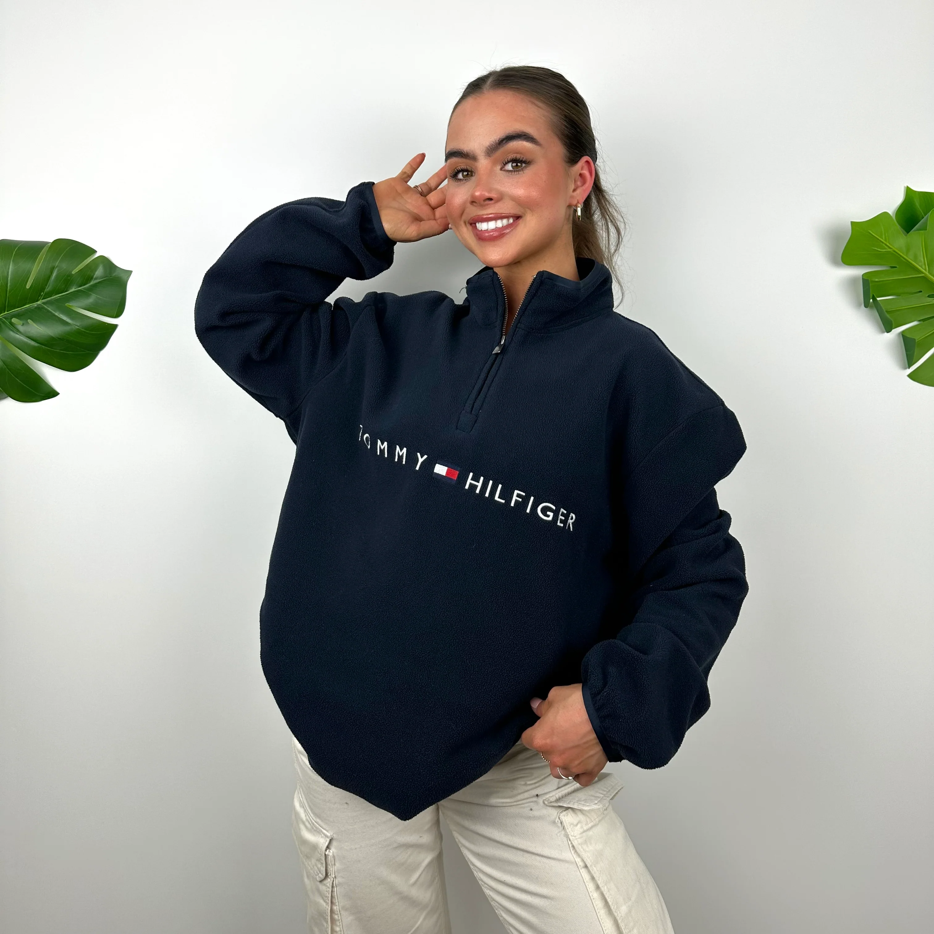 Tommy Hilfiger Navy Embroidered Spell Out Teddy Bear Fleece Quarter Zip Sweatshirt (L)