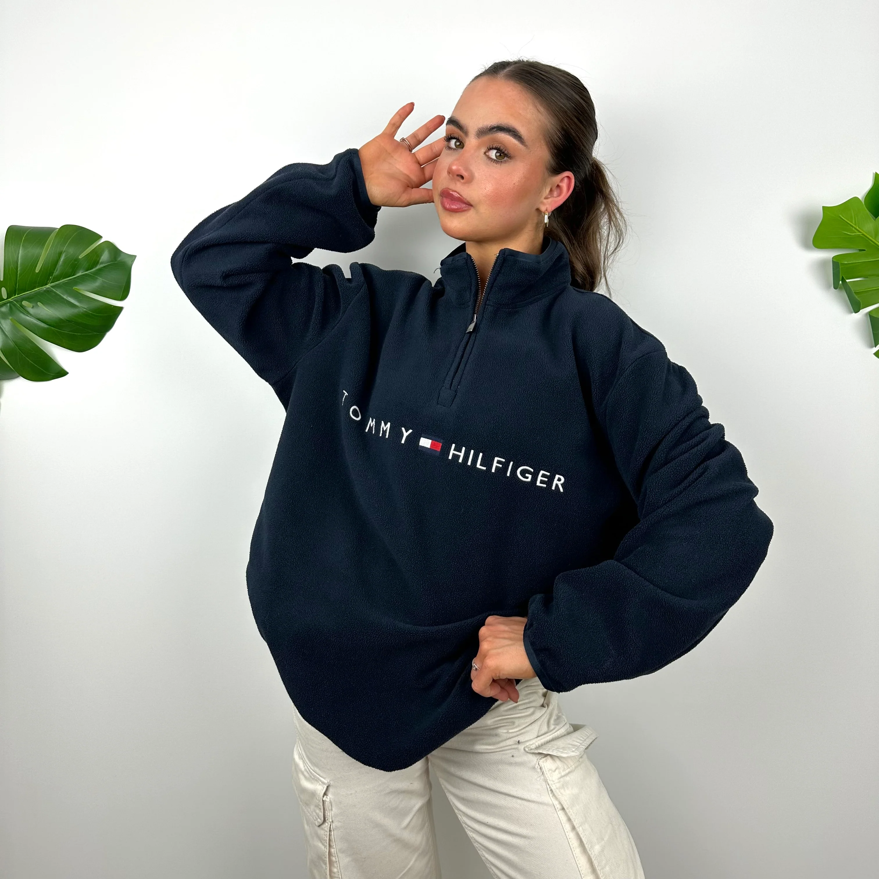 Tommy Hilfiger Navy Embroidered Spell Out Teddy Bear Fleece Quarter Zip Sweatshirt (L) - Image 2