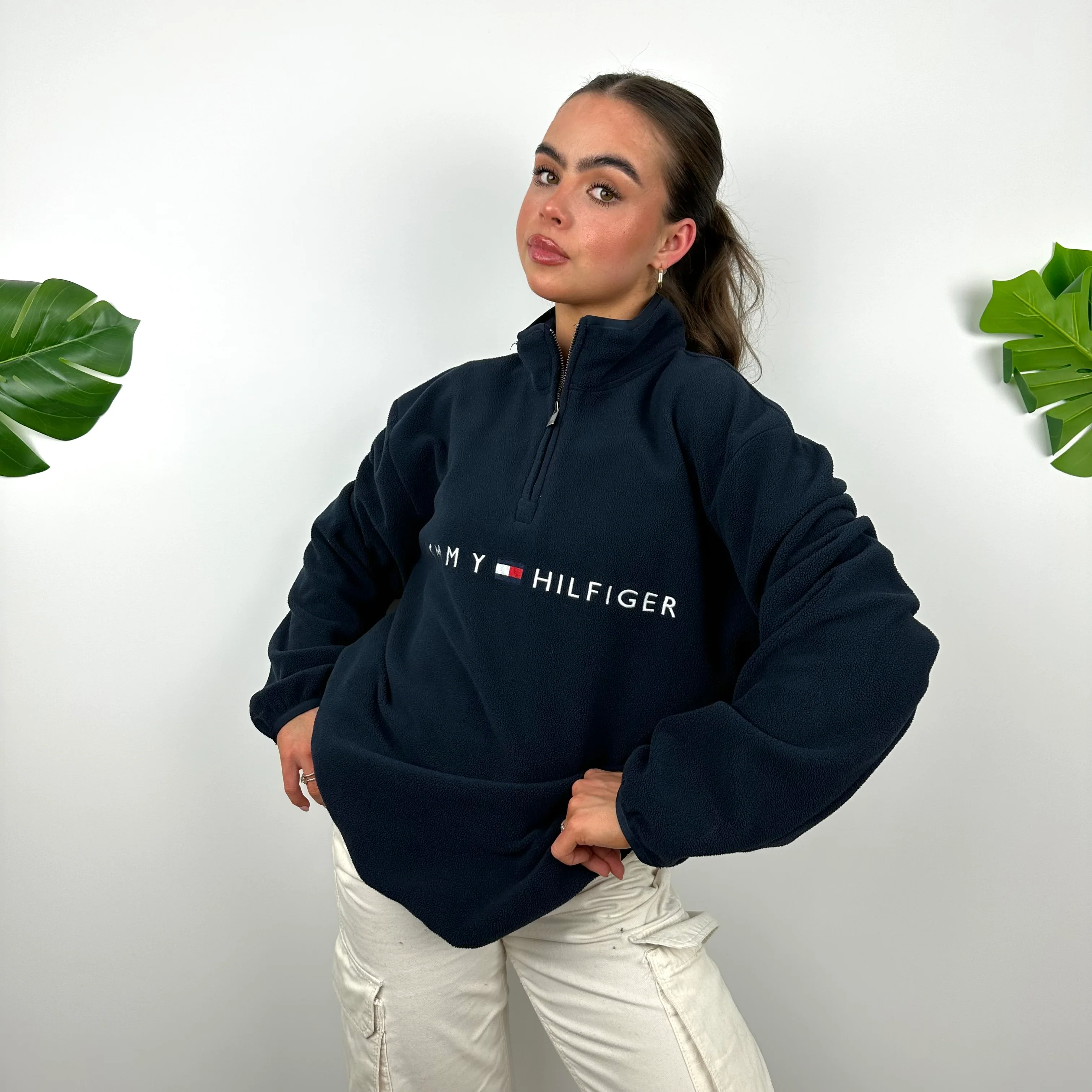 Tommy Hilfiger Navy Embroidered Spell Out Teddy Bear Fleece Quarter Zip Sweatshirt (L) - Image 3