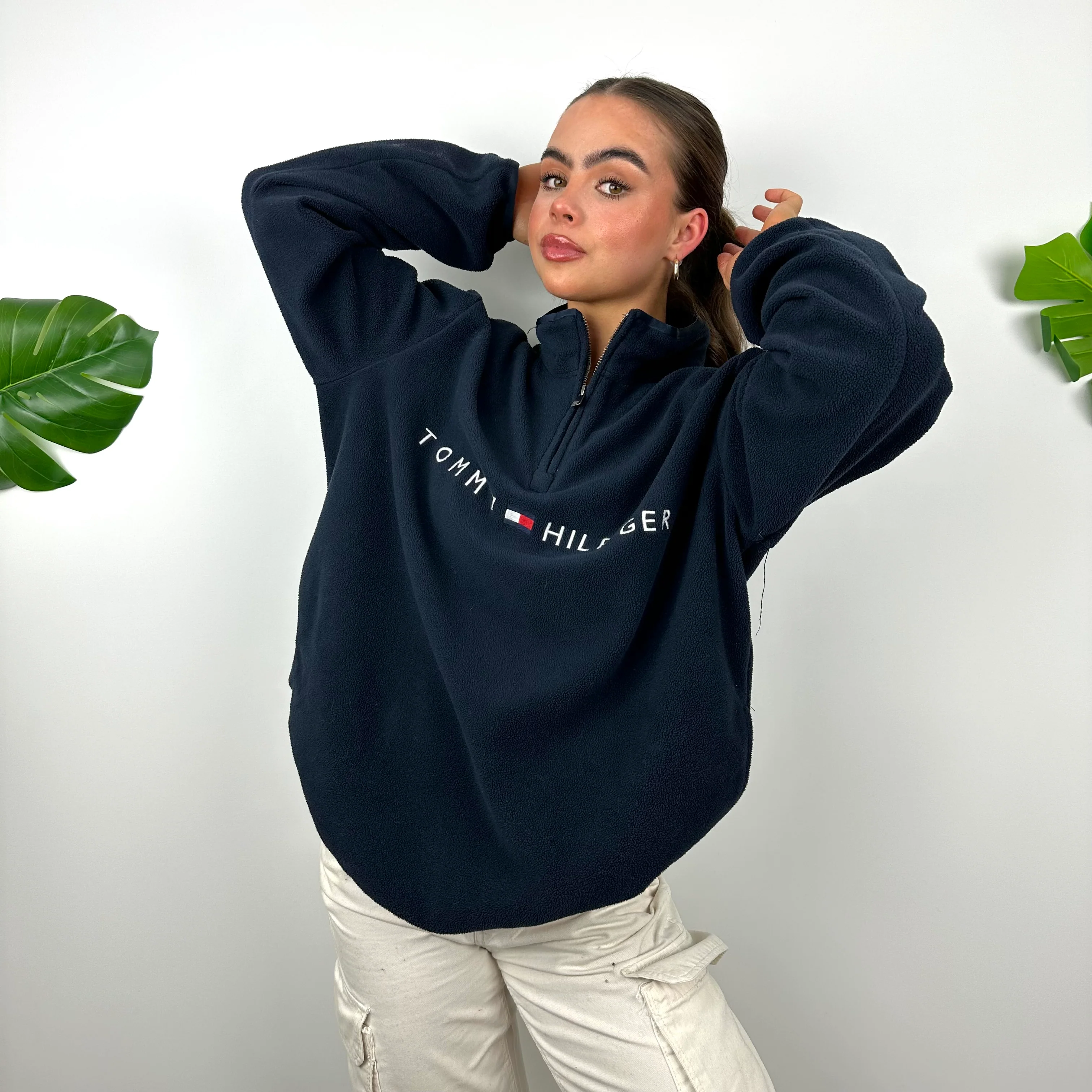 Tommy Hilfiger Navy Embroidered Spell Out Teddy Bear Fleece Quarter Zip Sweatshirt (L) - Image 5