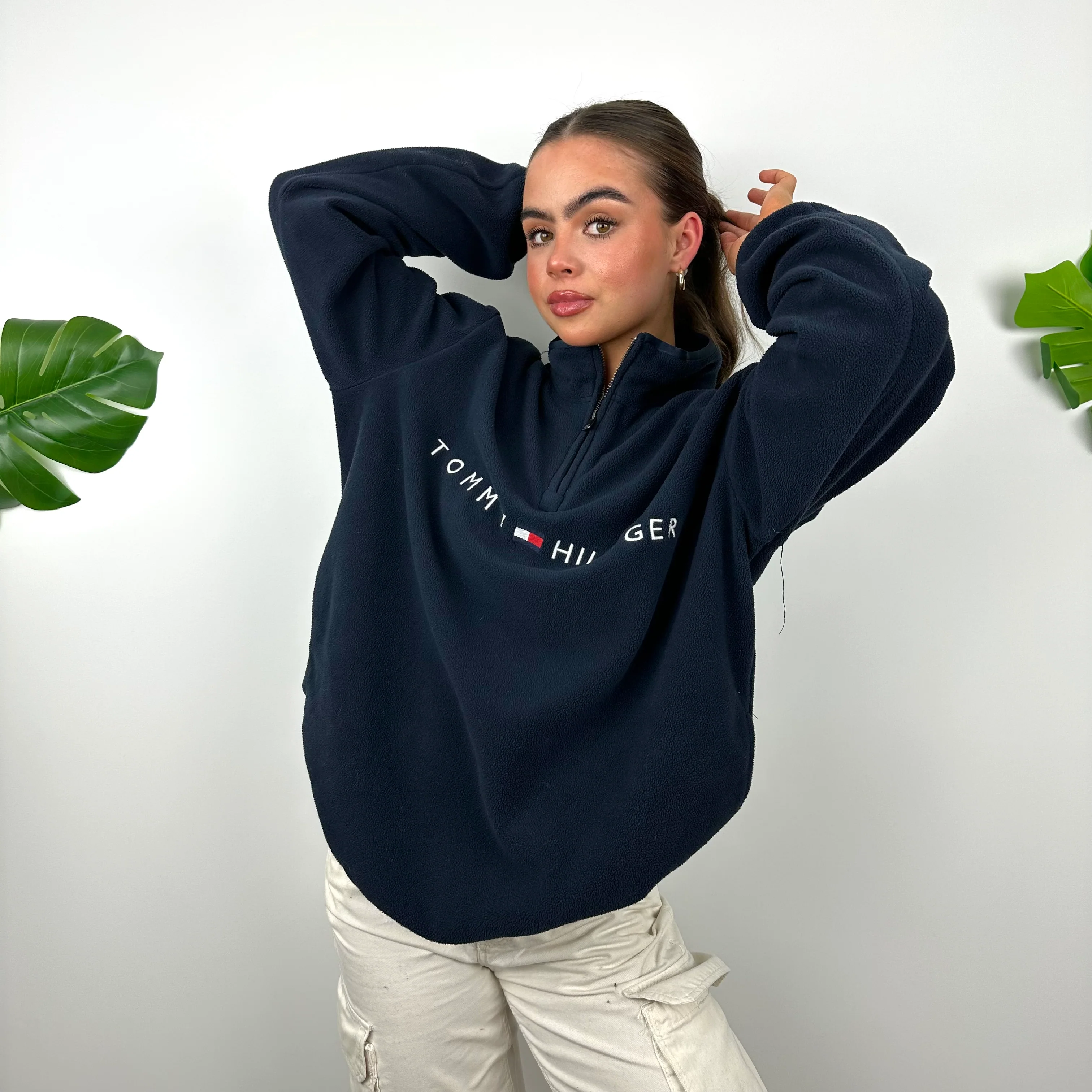 Tommy Hilfiger Navy Embroidered Spell Out Teddy Bear Fleece Quarter Zip Sweatshirt (L) - Image 6