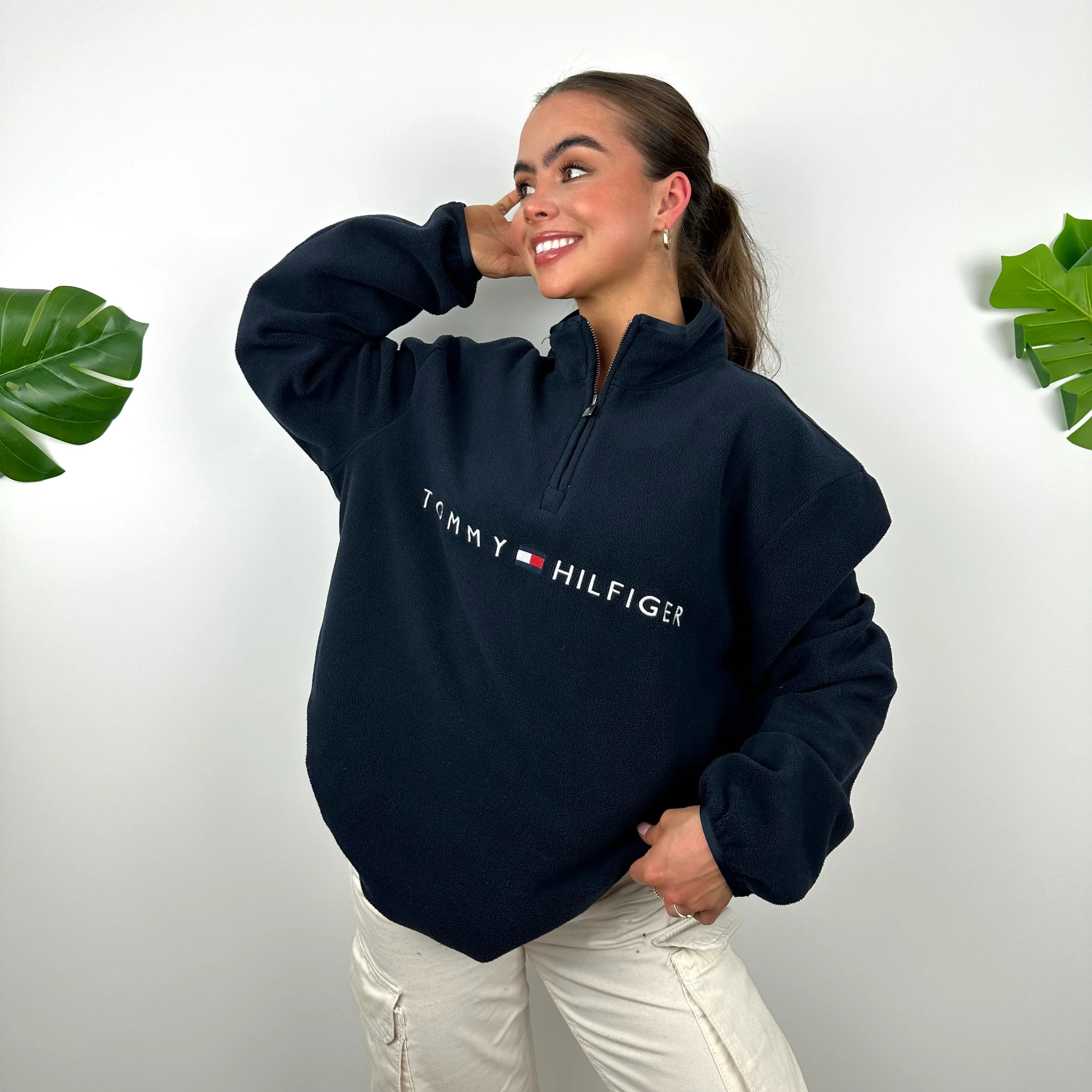 Tommy Hilfiger Navy Embroidered Spell Out Teddy Bear Fleece Quarter Zip Sweatshirt (L) - Image 7