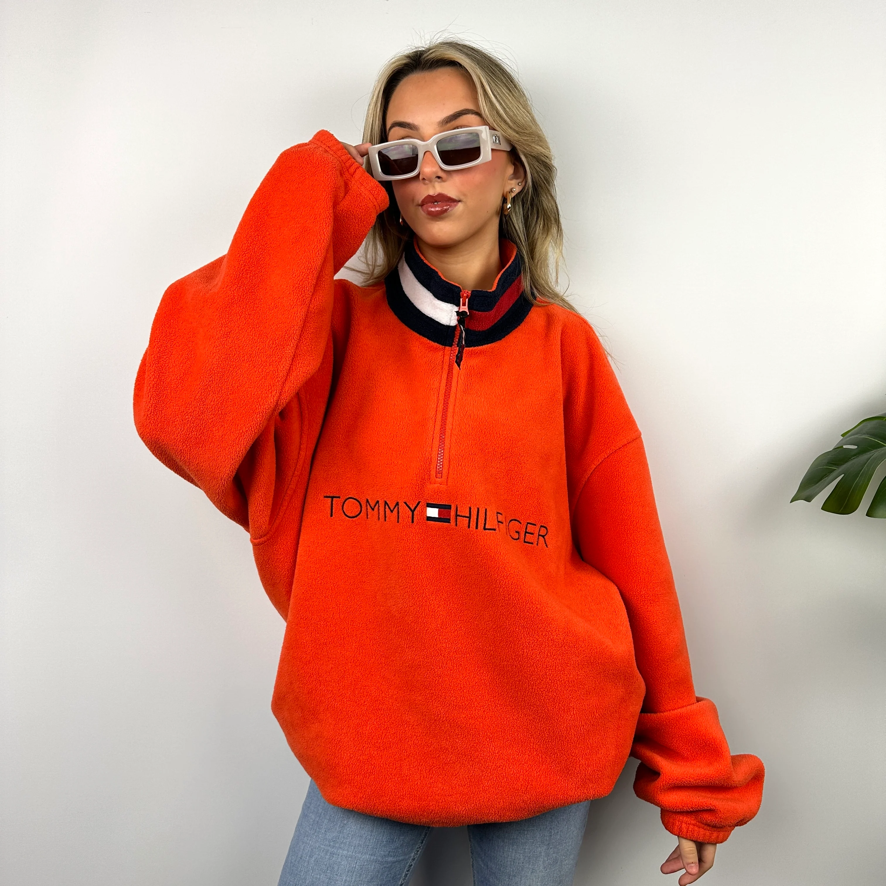 Tommy Hilfiger Orange Embroidered Spell Out Teddy Bear Fleece Quarter Zip Sweatshirt (XXL) - Image 2