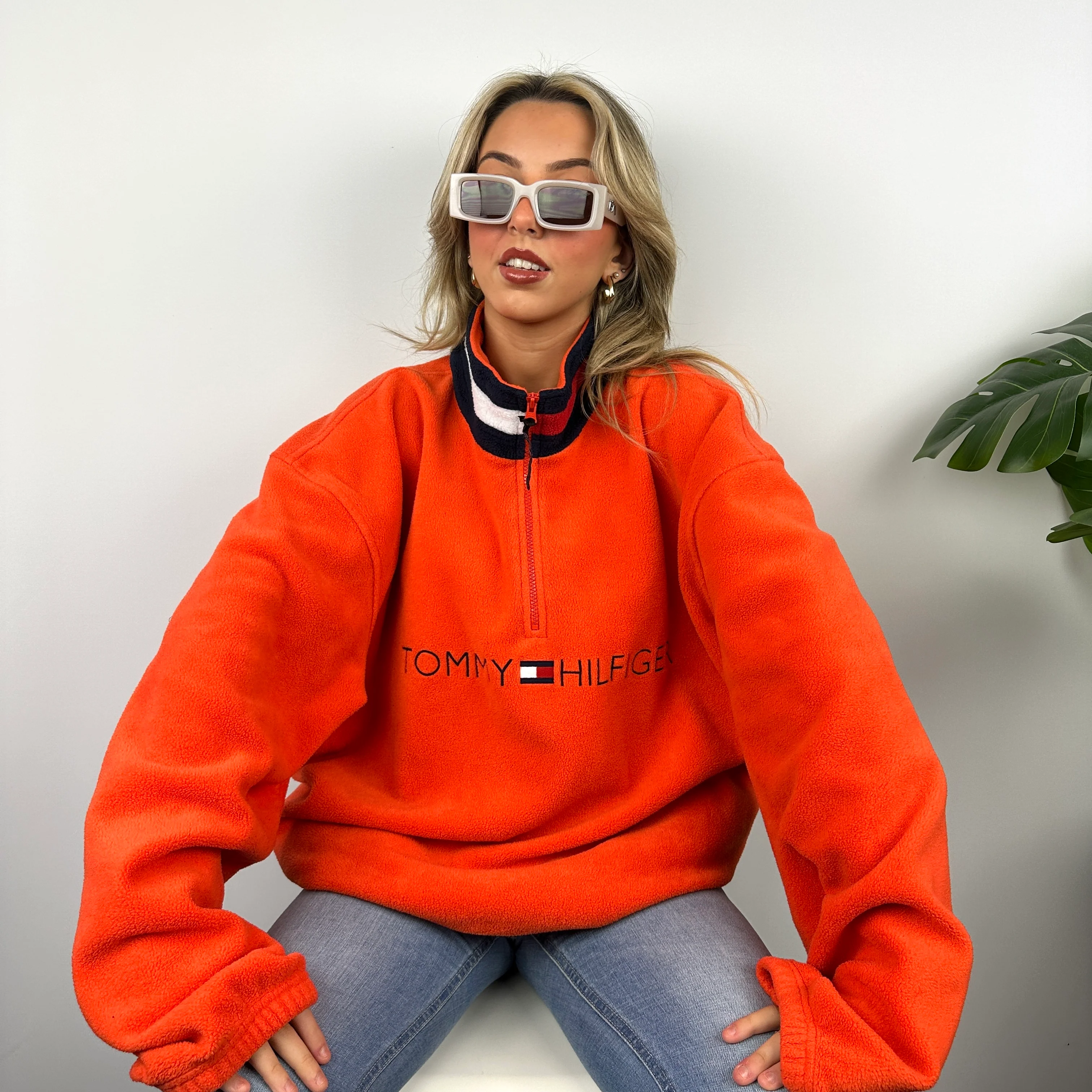 Tommy Hilfiger Orange Embroidered Spell Out Teddy Bear Fleece Quarter Zip Sweatshirt (XXL) - Image 6