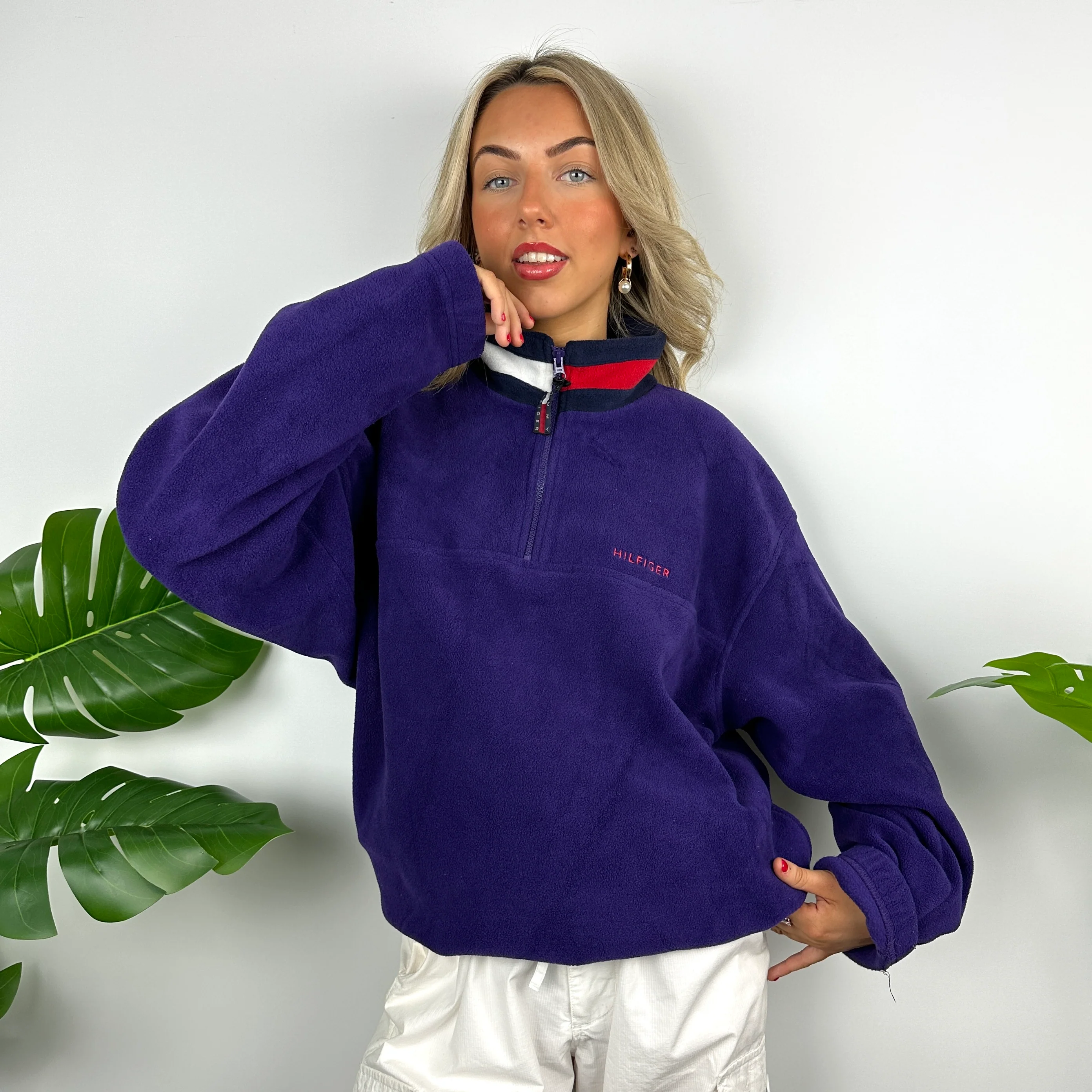 Tommy Hilfiger Purple Embroidered Spell Out Teddy Bear Fleece Quarter Zip Sweatshirt (L) - Image 5
