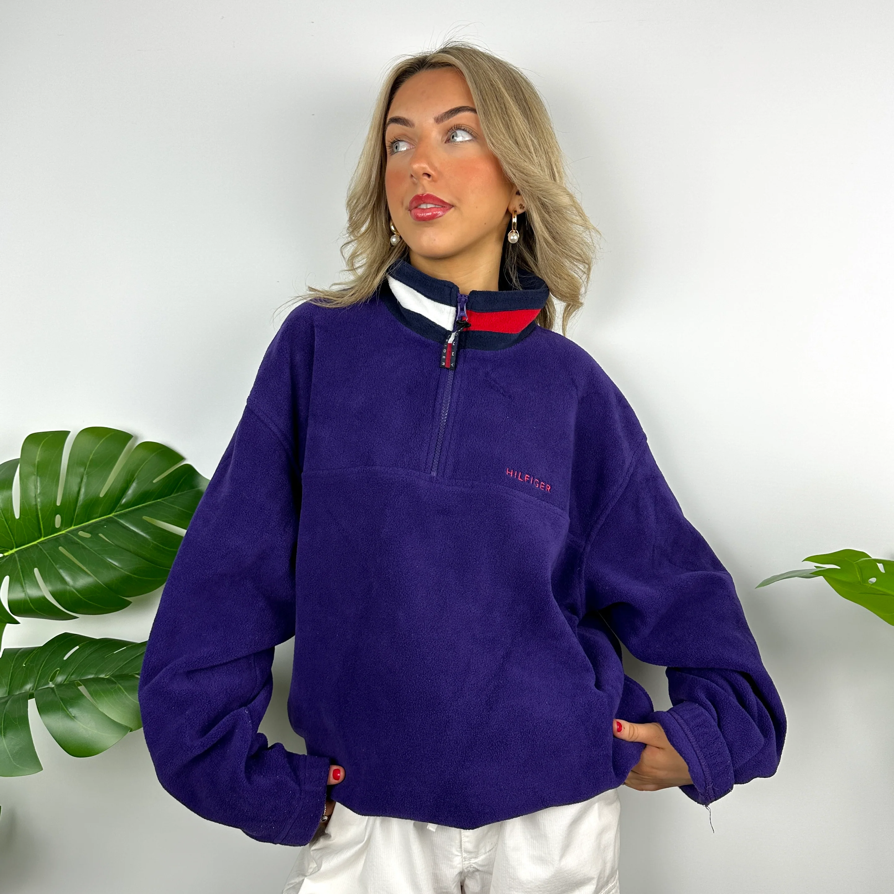 Tommy Hilfiger Purple Embroidered Spell Out Teddy Bear Fleece Quarter Zip Sweatshirt (L) - Image 7