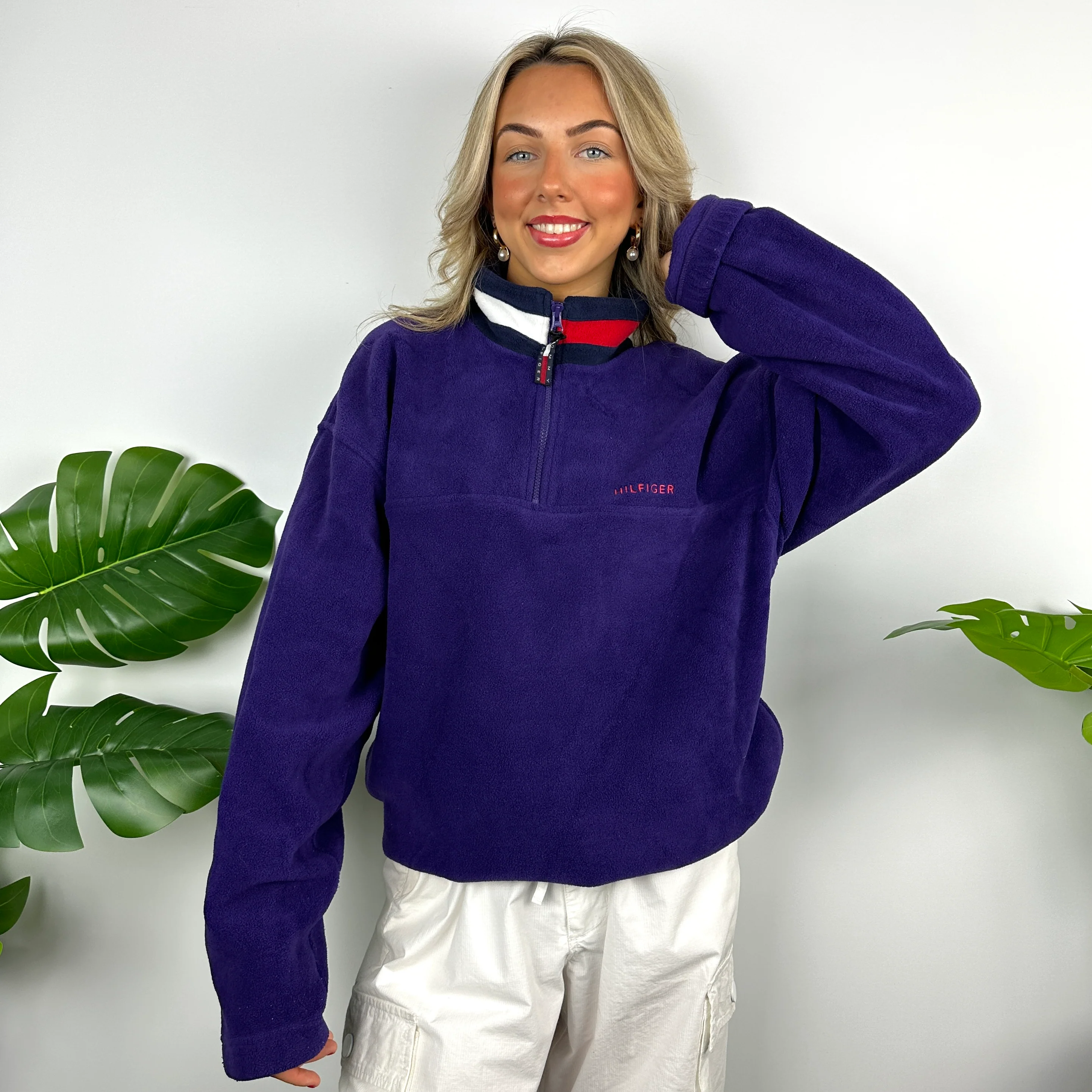 Tommy Hilfiger Purple Embroidered Spell Out Teddy Bear Fleece Quarter Zip Sweatshirt (L) - Image 8