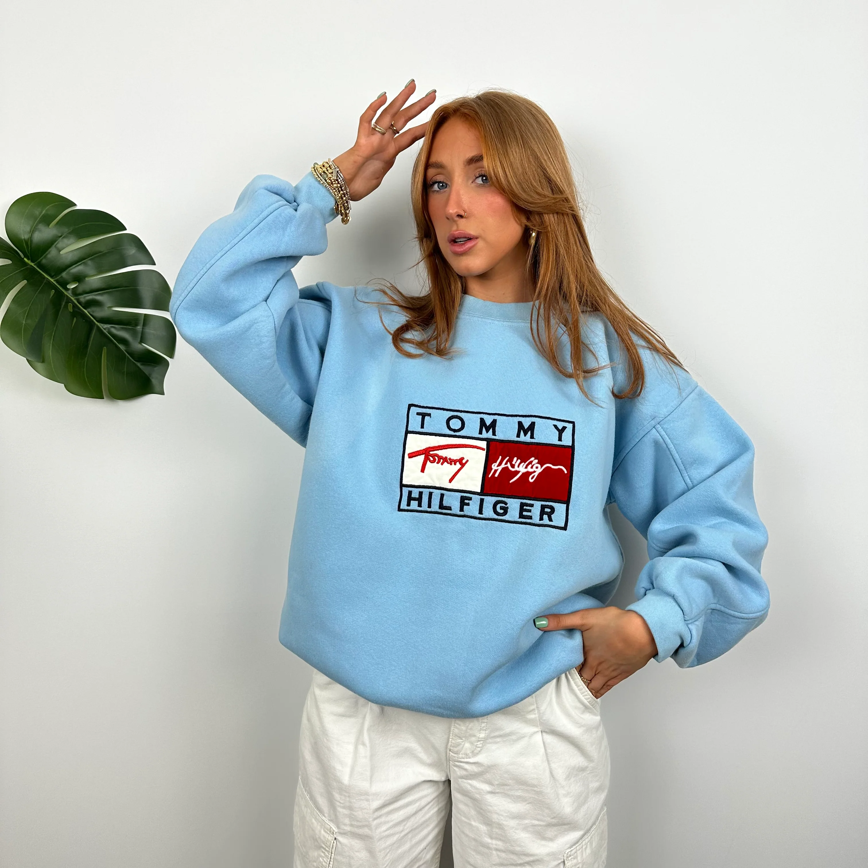 Tommy Hilfiger RARE Baby Blue Embroidered Spell Out Sweatshirt (M) - Image 2