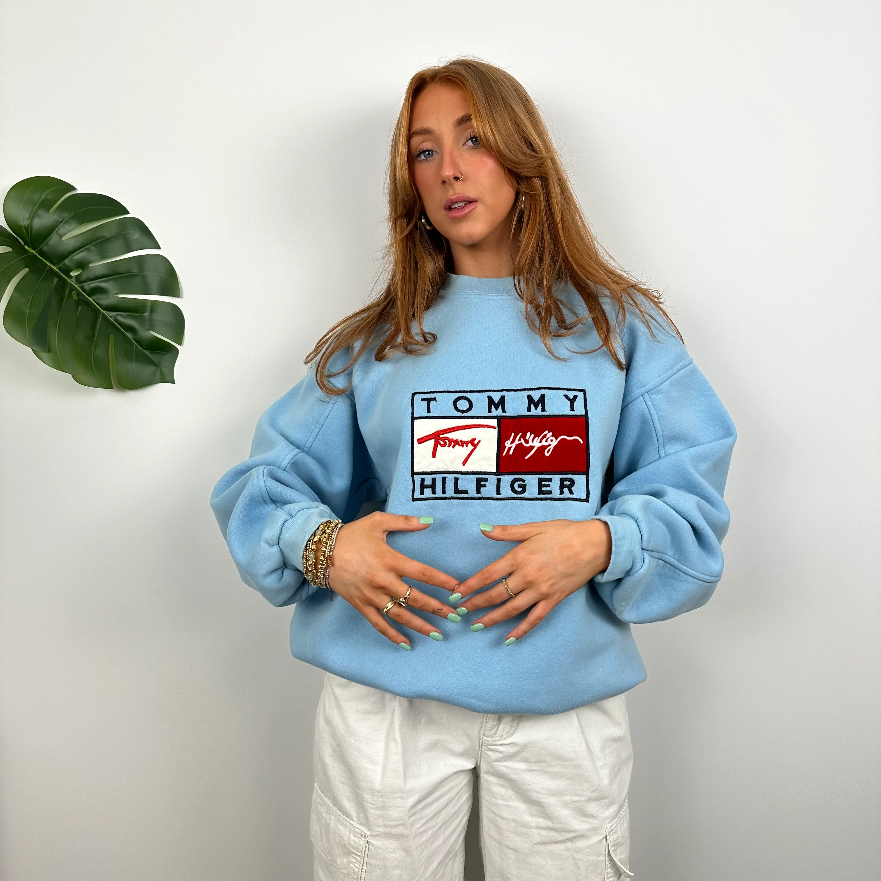Tommy Hilfiger RARE Baby Blue Embroidered Spell Out Sweatshirt (M) - Image 3