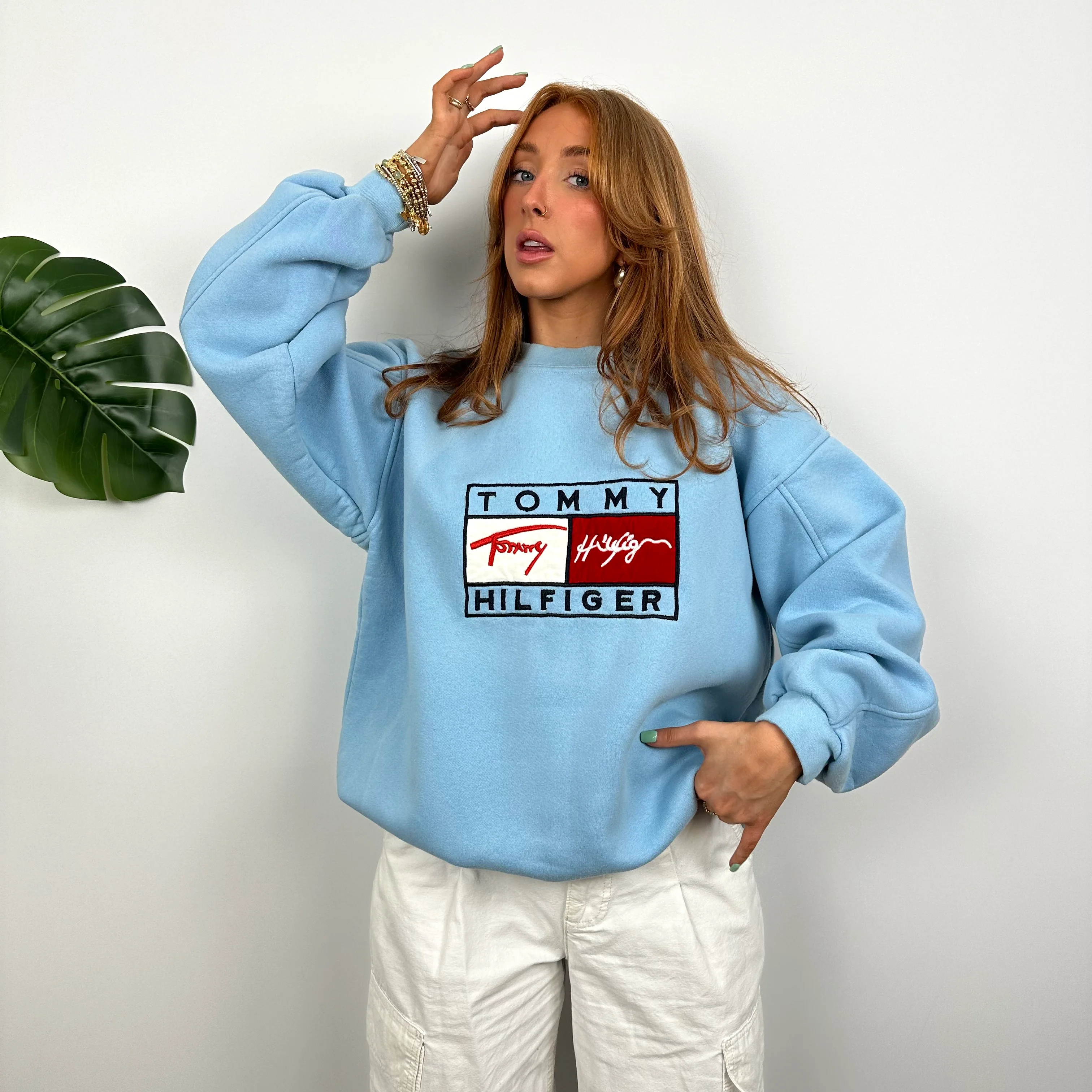 Tommy Hilfiger RARE Baby Blue Embroidered Spell Out Sweatshirt (M) - Image 4