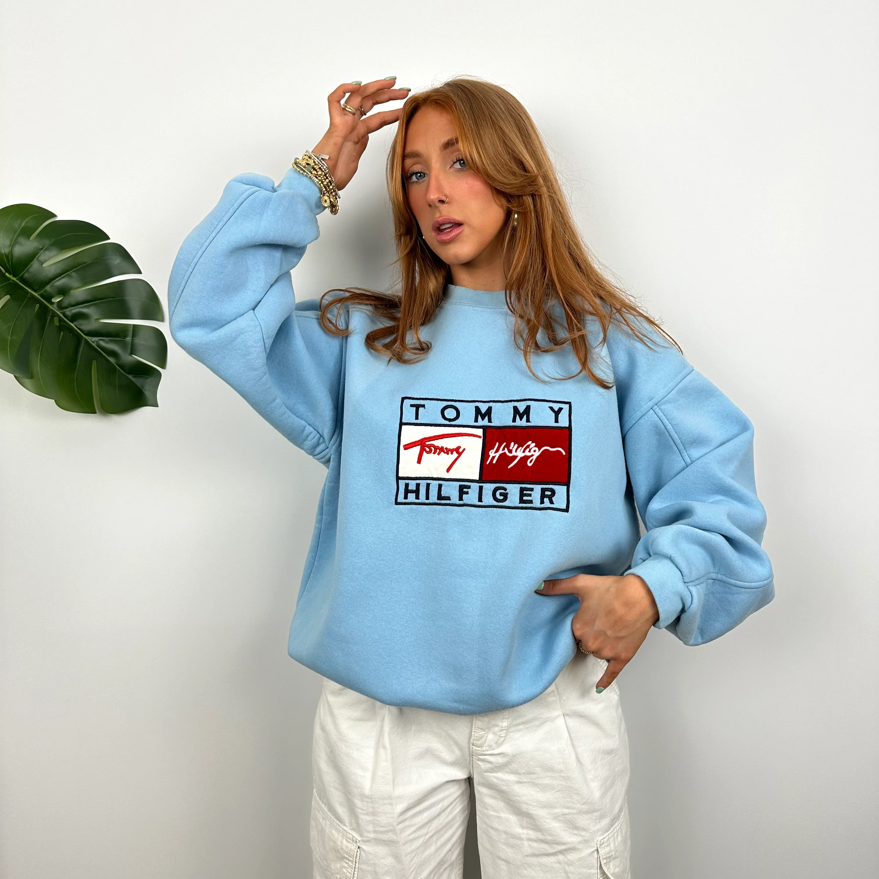 Tommy Hilfiger RARE Baby Blue Embroidered Spell Out Sweatshirt (M) - Image 5