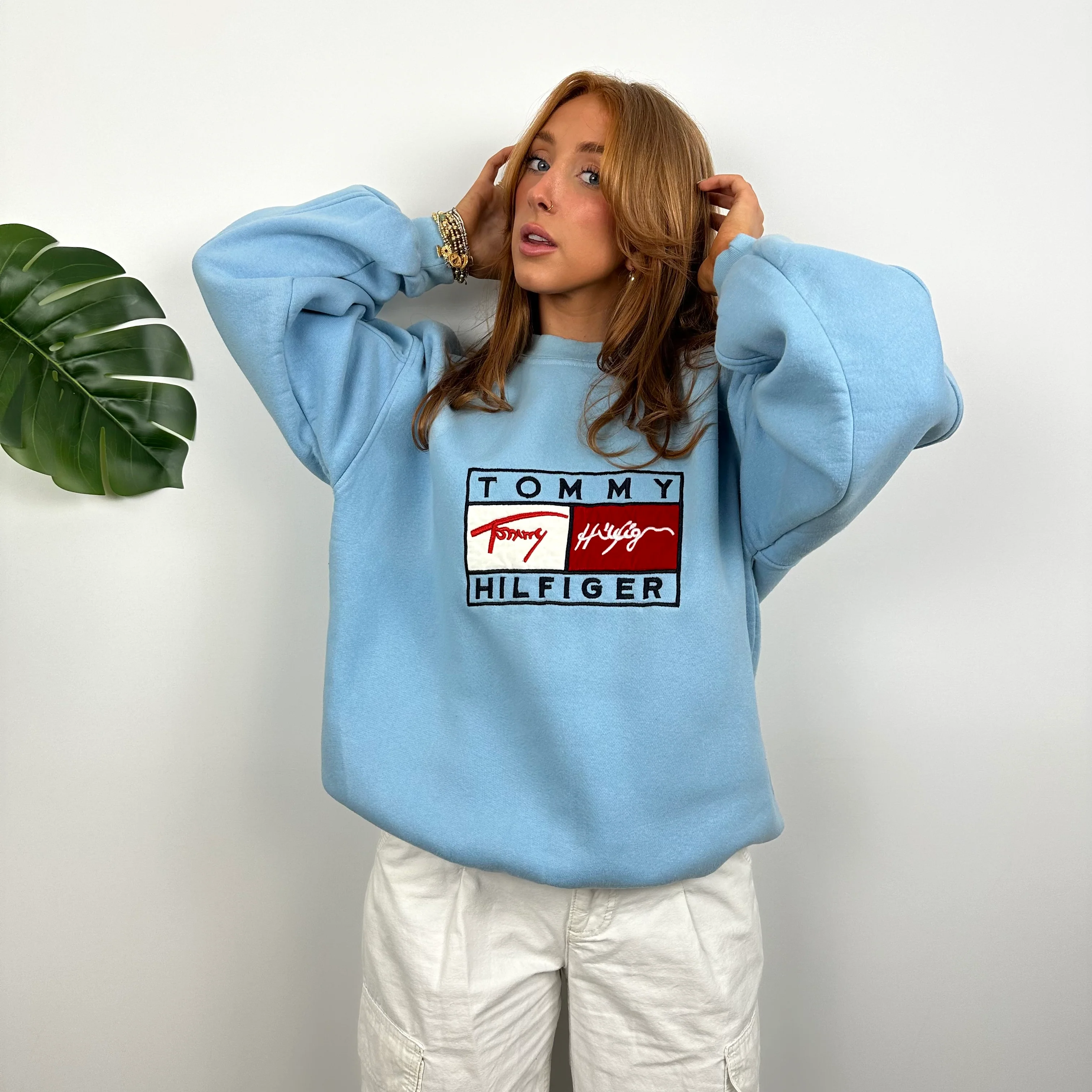 Tommy Hilfiger RARE Baby Blue Embroidered Spell Out Sweatshirt (M) - Image 6
