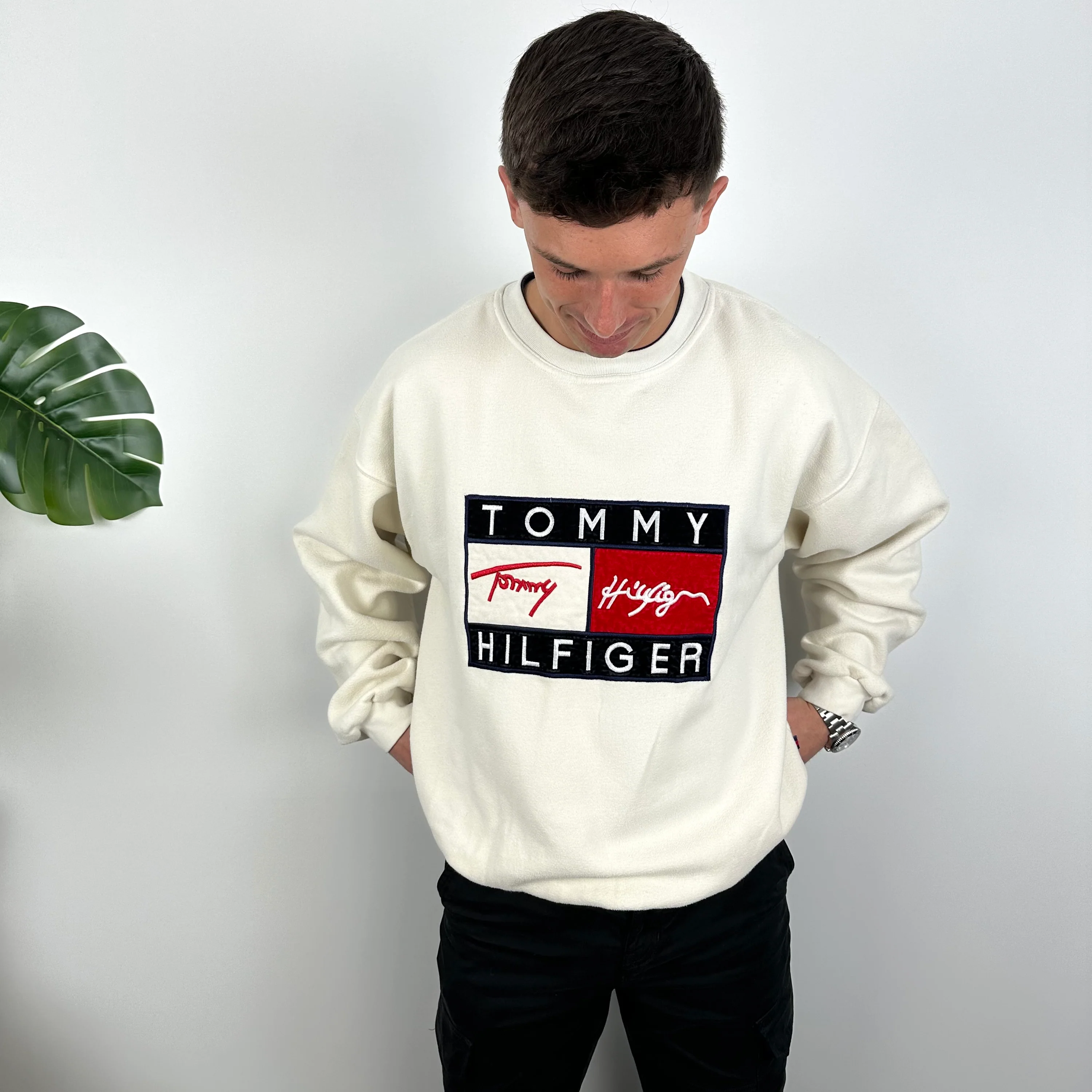 Tommy Hilfiger RARE Cream Embroidered Spell Out Sweatshirt (L) - Image 4