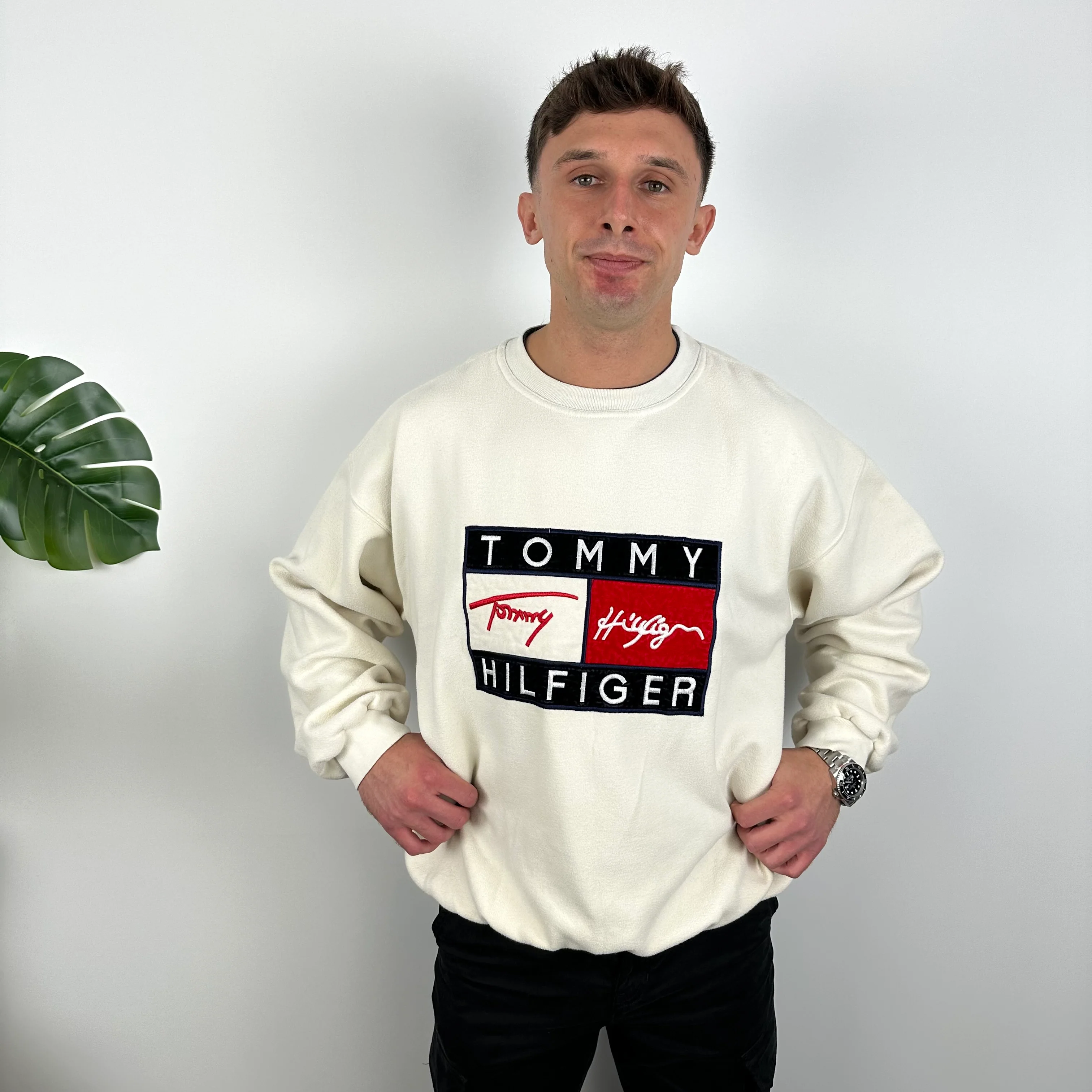 Tommy Hilfiger RARE Cream Embroidered Spell Out Sweatshirt (L) - Image 7