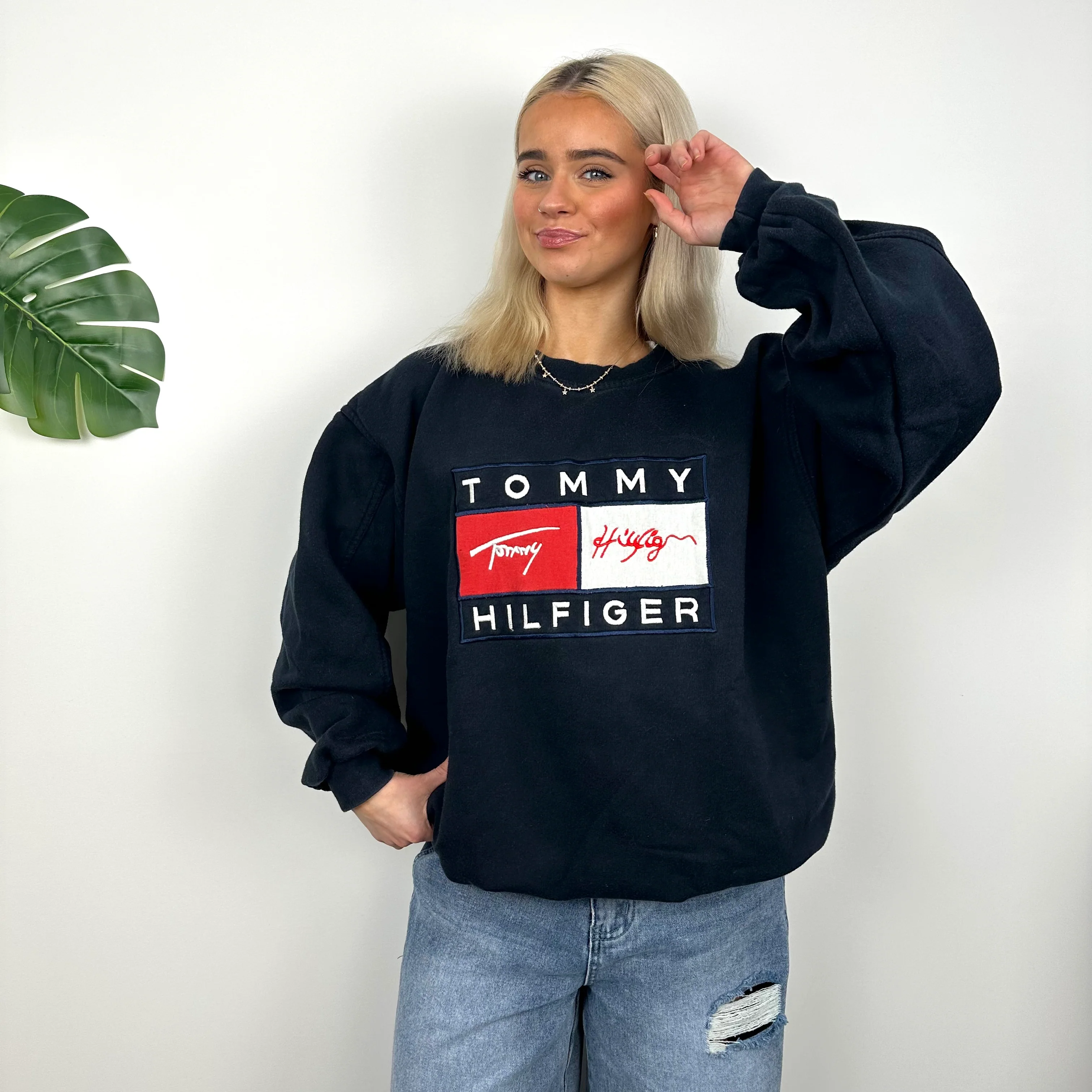 Tommy Hilfiger RARE Navy Embroidered Spell Out Sweatshirt (L) - Image 5