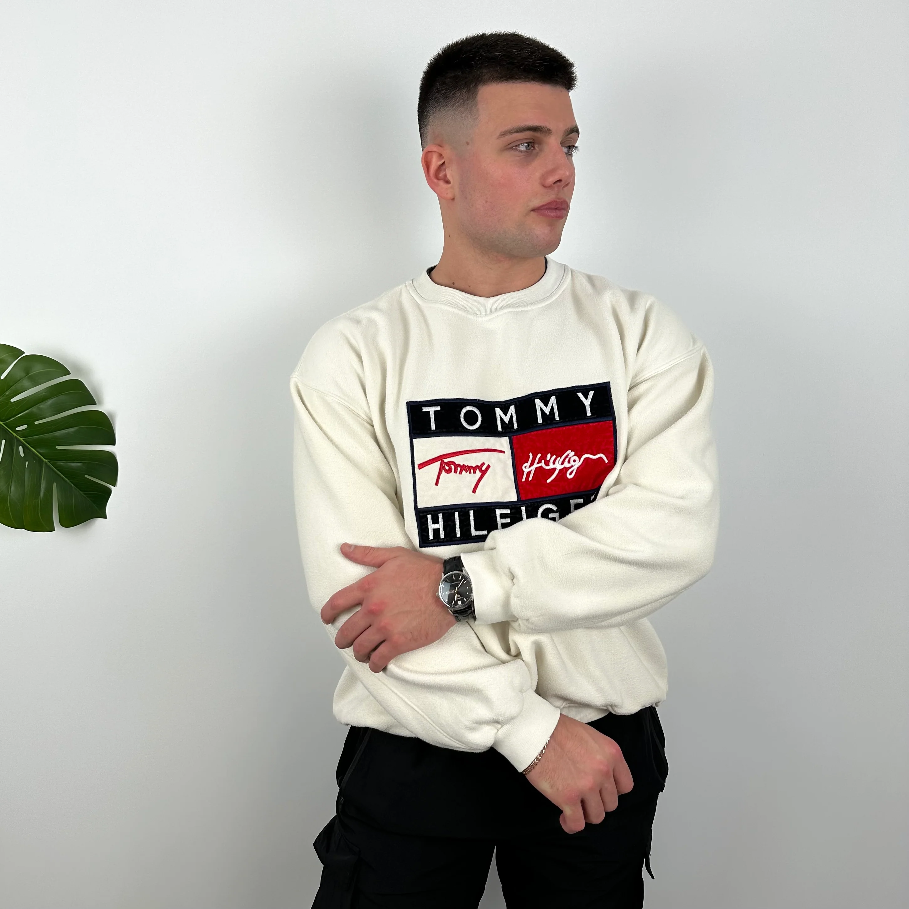 Tommy Hilfiger RARE Cream Embroidered Spell Out Sweatshirt (L) - Image 2