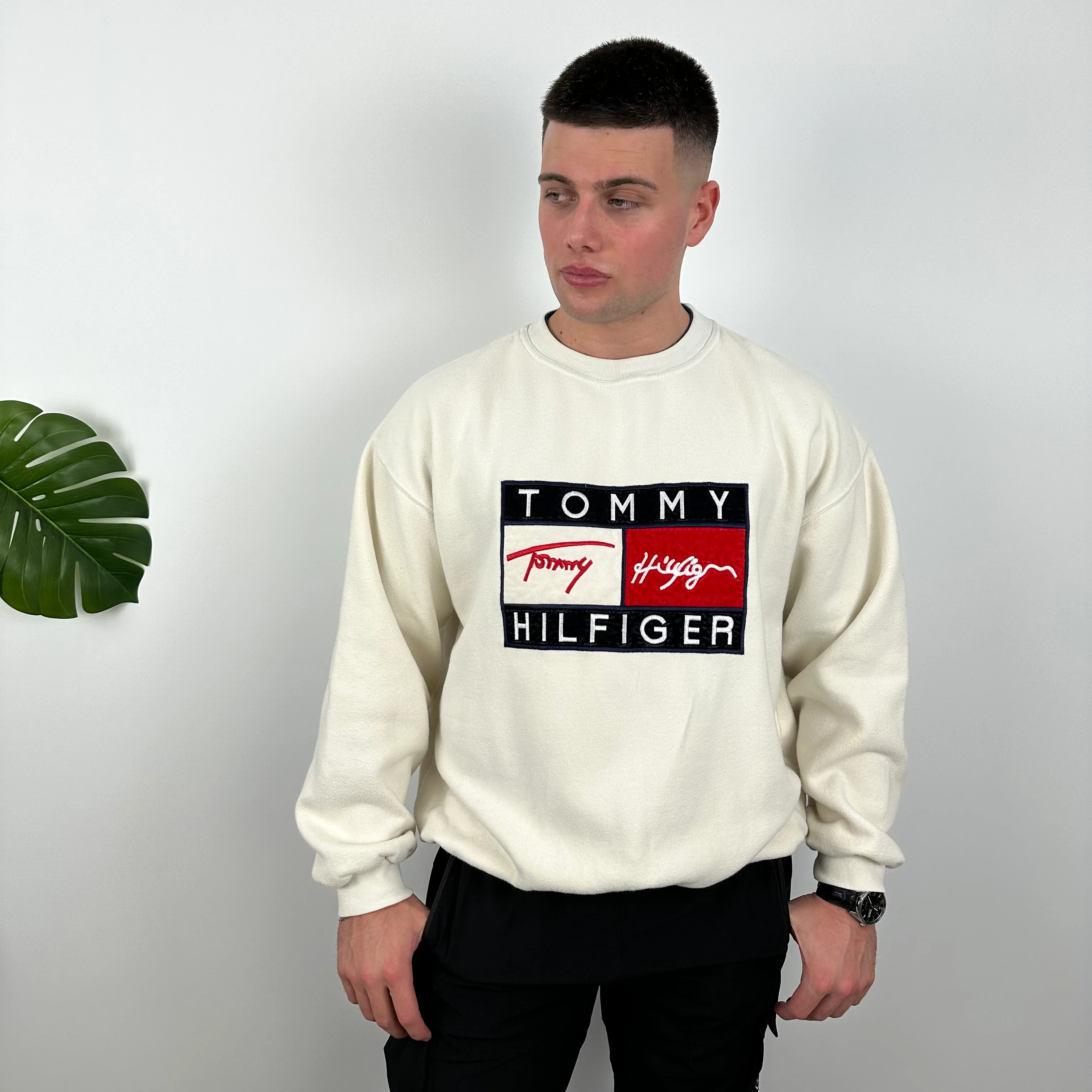 Tommy Hilfiger RARE Cream Embroidered Spell Out Sweatshirt (L) - Image 5
